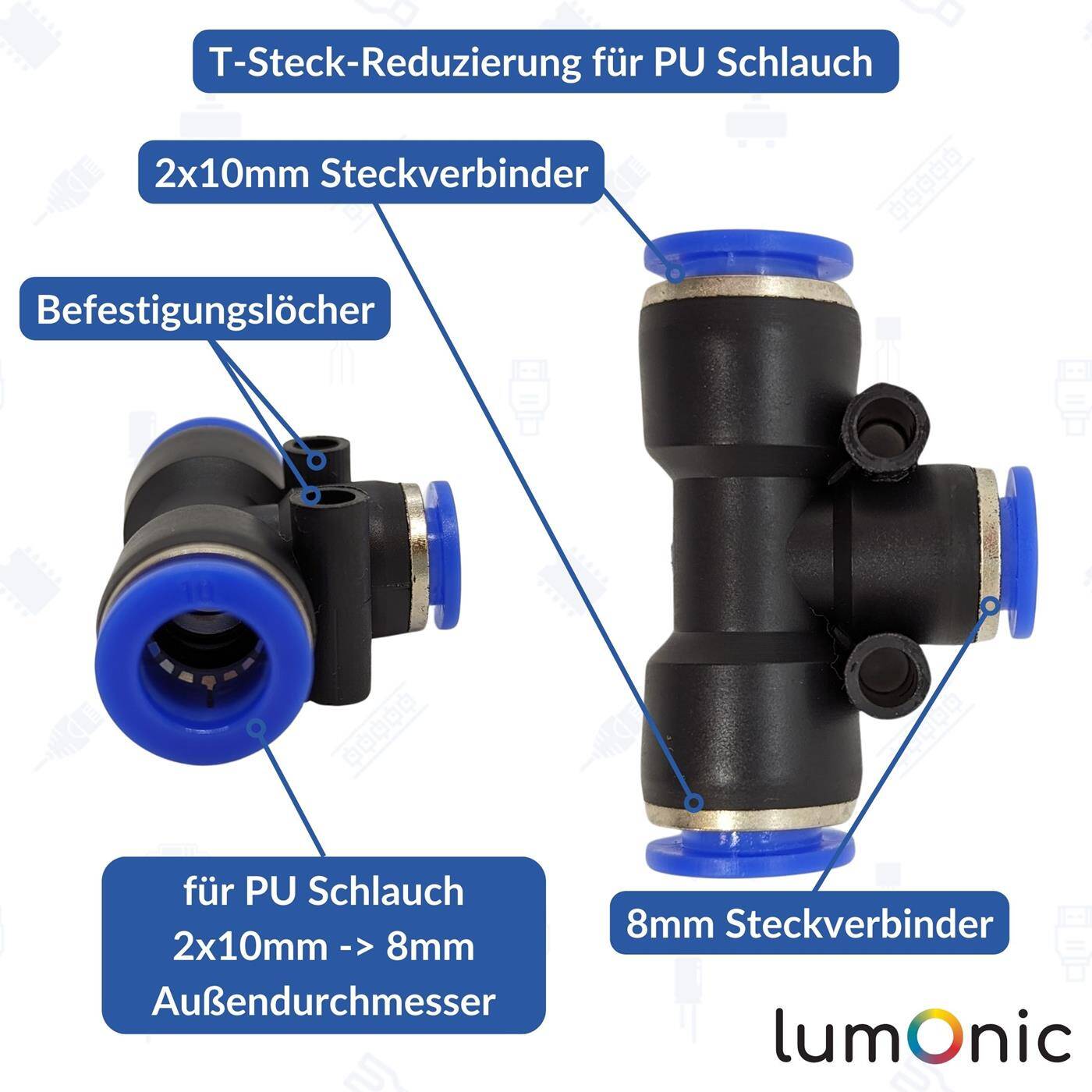 PU hose T-connector reduction 10/8/10mm T-piece Push-in Pneumatic plug connector T-distributor reducing Compressed air