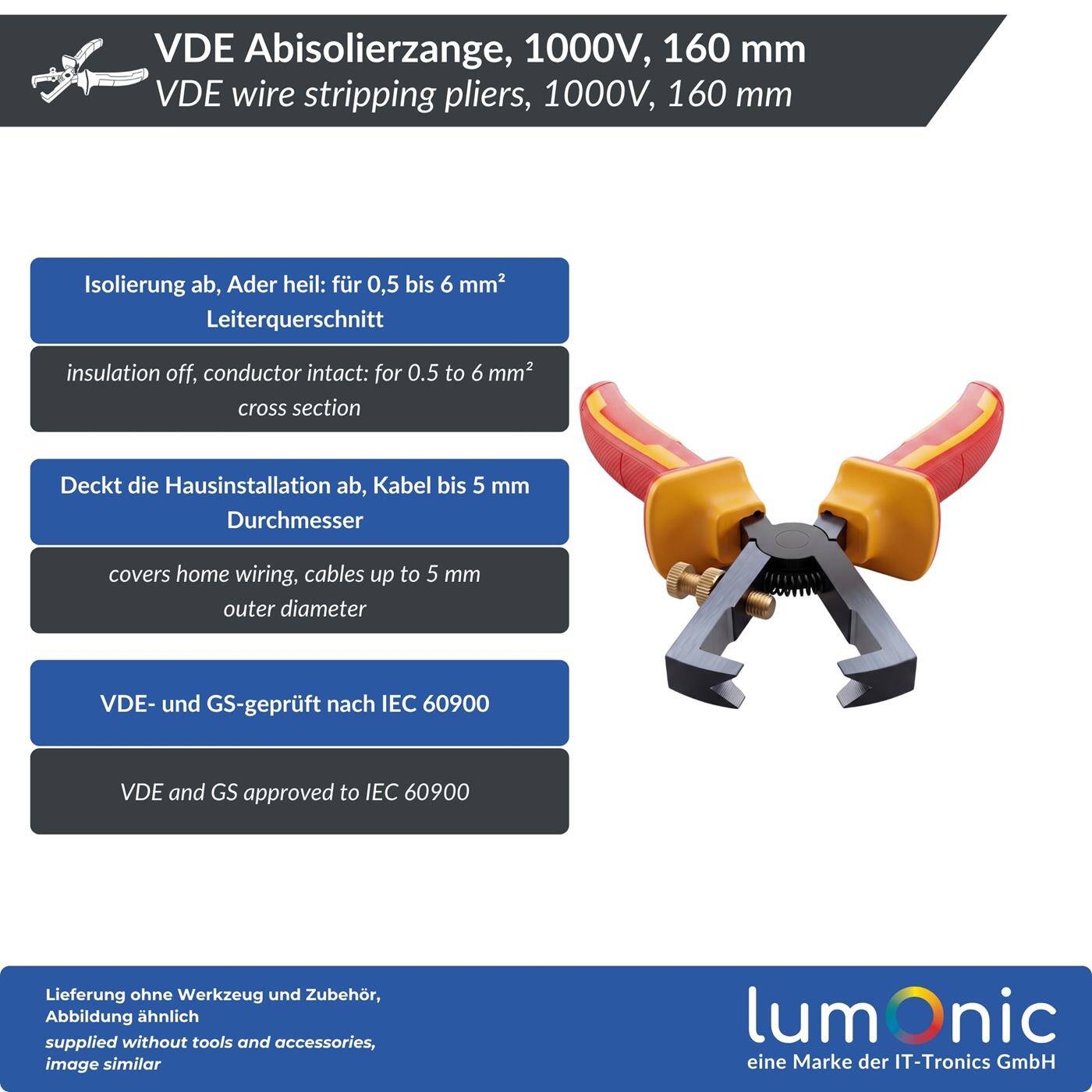 Lumonic VDE Wire Stripping Pliers 1000V, 0.5–6 mm², 160 mm — For cables up to 5 mm in diameter, 60CrV steel, two-component handle, for electrical installations and workshops