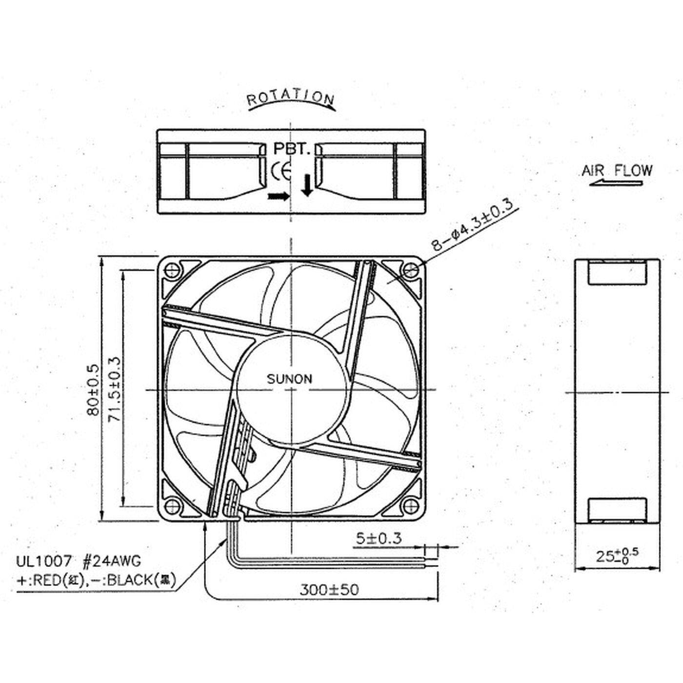 Lüfter 12V DC 1,44W 80x80x25mm 62,8m³/h 2900U/Min 62,8m³/h Sunon EE80251B2-A99