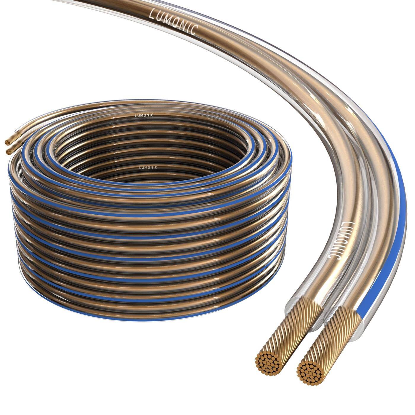 Lumonic Lautsprecherkabel | 25m Transparent | 2x 4mm² CCA | blaue Markierung HiFi Boxenkabel | Audio Zwillingsleitung