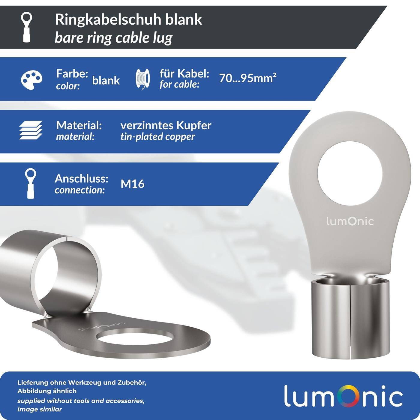 Lumonic 10x Ring cable lug 70-95mm² blank | M16 | Tinned copper | Secure cable connection without soldering | Crimp cable lug uninsulated | Motor vehicle, mechanical engineering, motorhome, battery