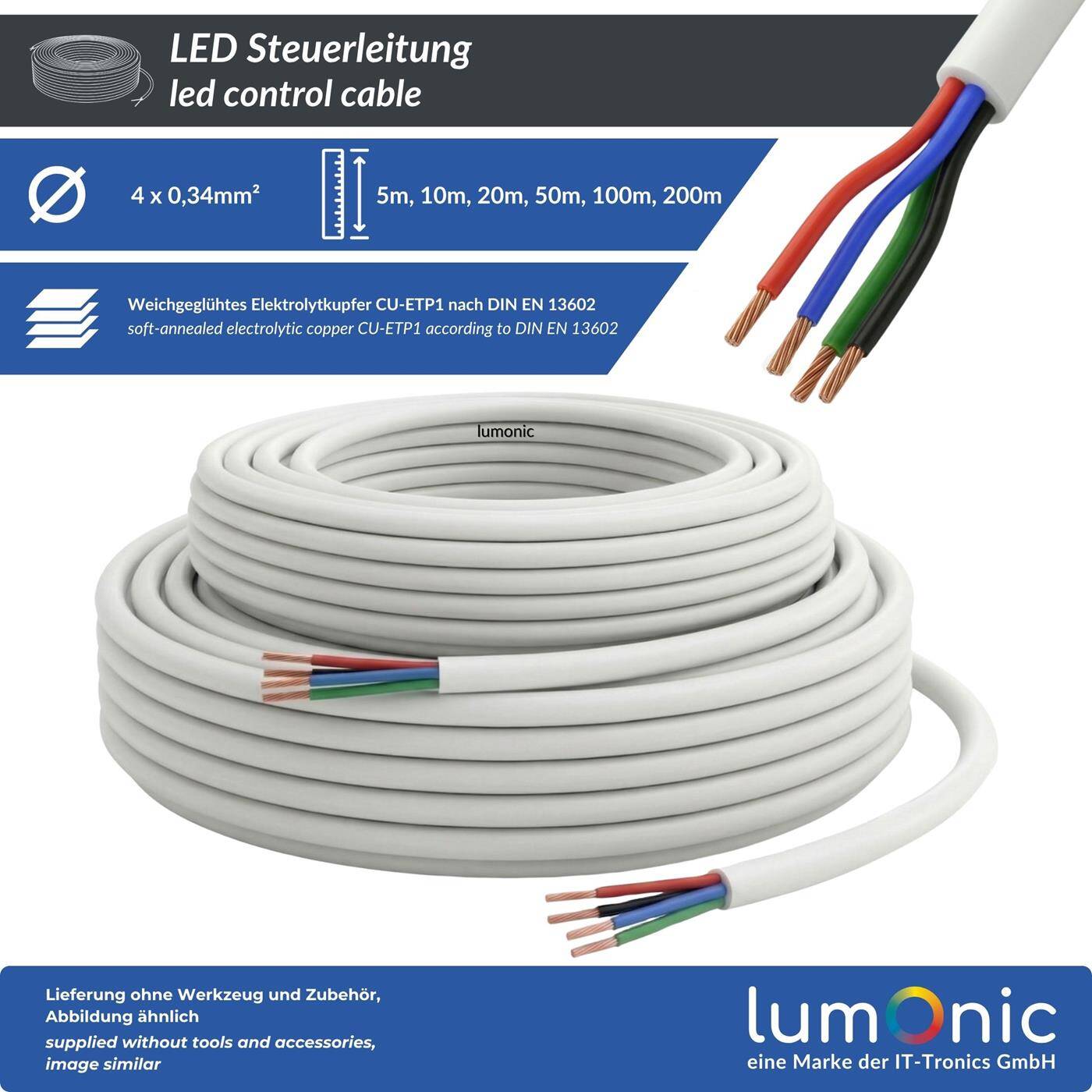 Lumonic 4x0,34mm² RGBW LED Steuerleitung  1m | ummanteltes 5 adriges Kabel flexibel | LiYY Verlängerung, Stromkabel, LED Zuleitung, Steuerkabel