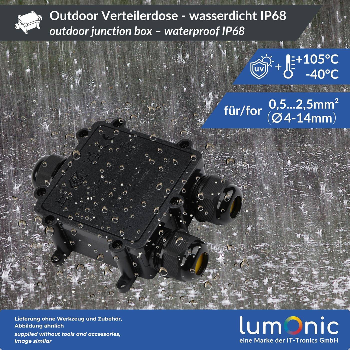 3-Wege Y Abzweigdose wasserdicht IP68, schnelle, sichere Kabelverteilung, für Kabel 0,5-2,5mm², UV-Beständig, -40°C bis+ 105°C, Verteilerdose für Outdoor, Garten, Erdkabel