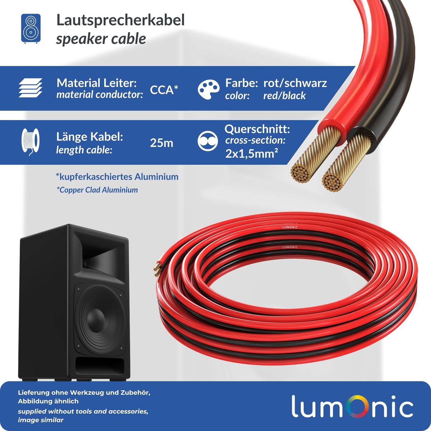 Lumonic Speaker cables | 25m Red Black | 2x 1,5mm² CCA | HiFi speaker cable | Audio twin line