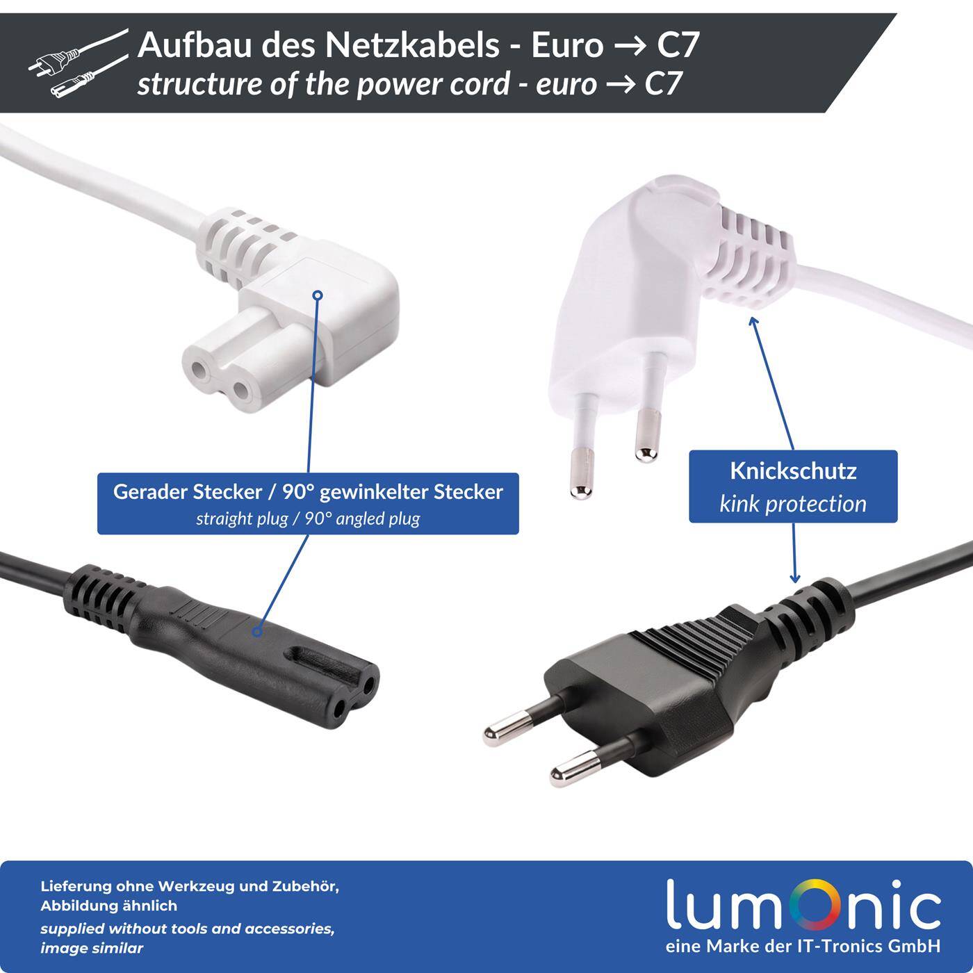 Lumonic Netzkabel Eurostecker auf C7, für TV und Konsole, Weiß 0,5 m, 230 V - Passt an TV, Radio und Konsole, beidseitig steckbare C7-Kupplung, Knickschutz gegen Kabelbruch
