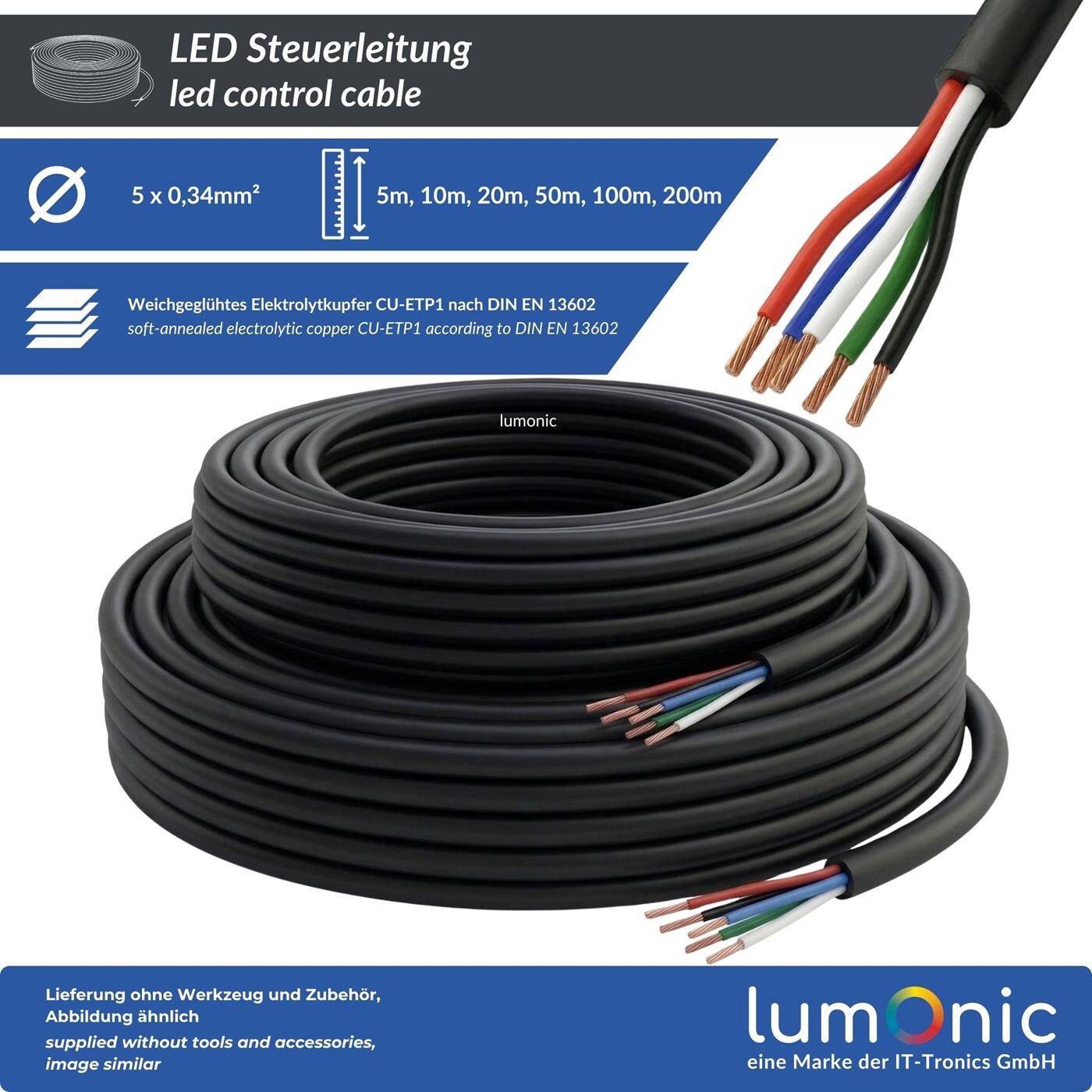 Lumonic 5x0,34mm² LED Control line black 1m | sheathed 2-core flexible cable | LiYY Extension, Power cable, LED supply line, Control cable