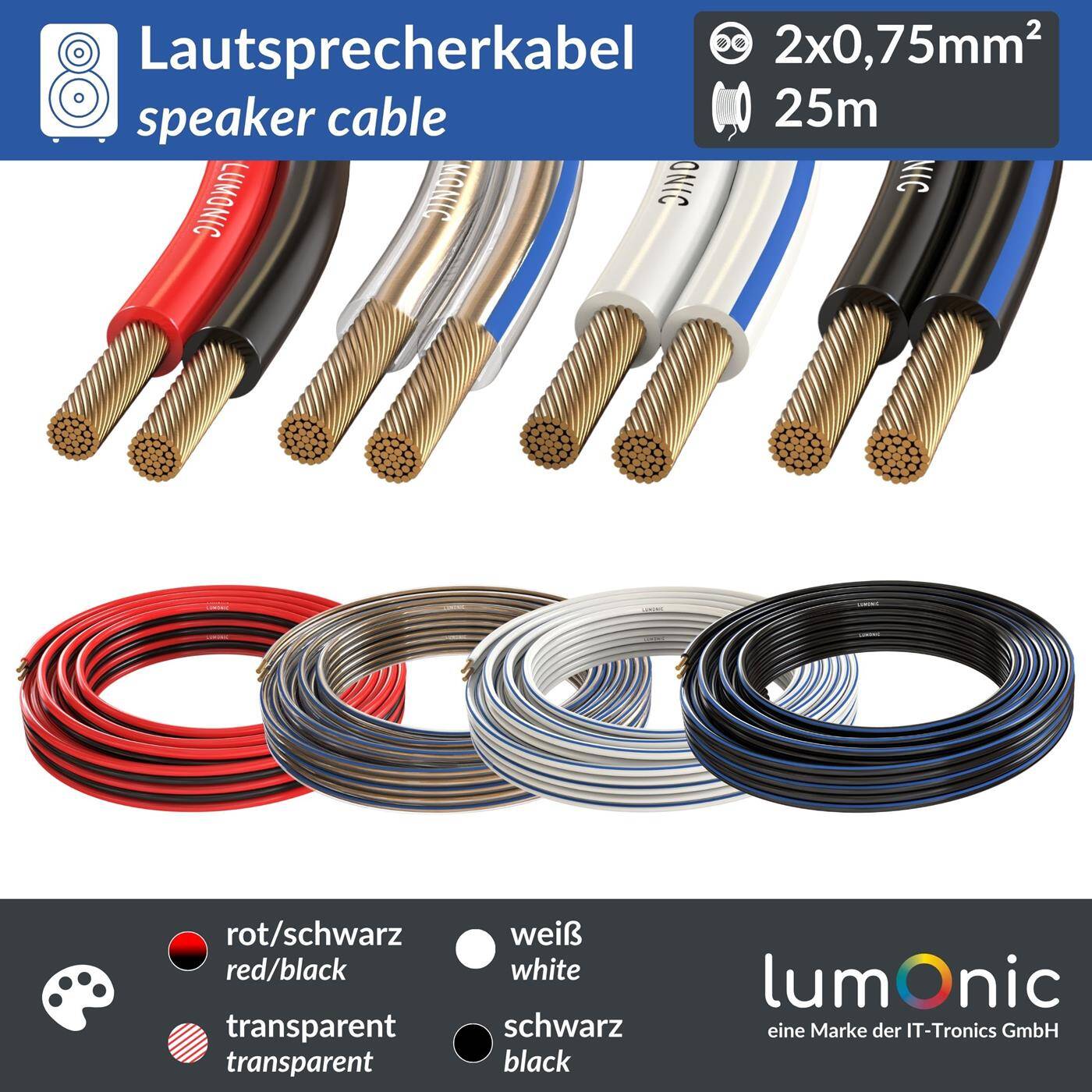 25m Lautsprecherkabel 2x 0,75mm² Rot Schwarz CCA HiFi Boxenkabel Audio Zwillingsleitung