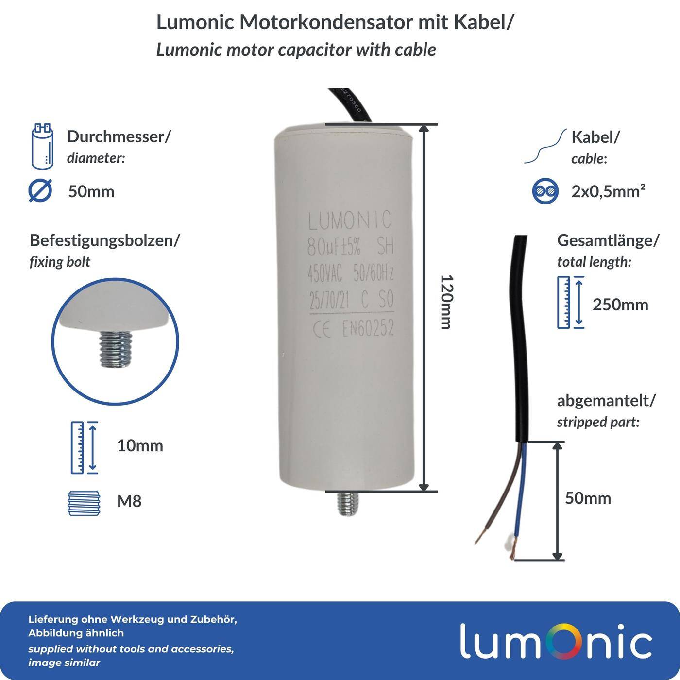 Lumonic Anlaufkondensator 80µF 450V | mit Kabel I 50x120mm I 80uF I Motorkondensator mit Kunststoffgehäuse I Betriebskondensator I für Pumpen, Rasenmäher, Werkzeuge