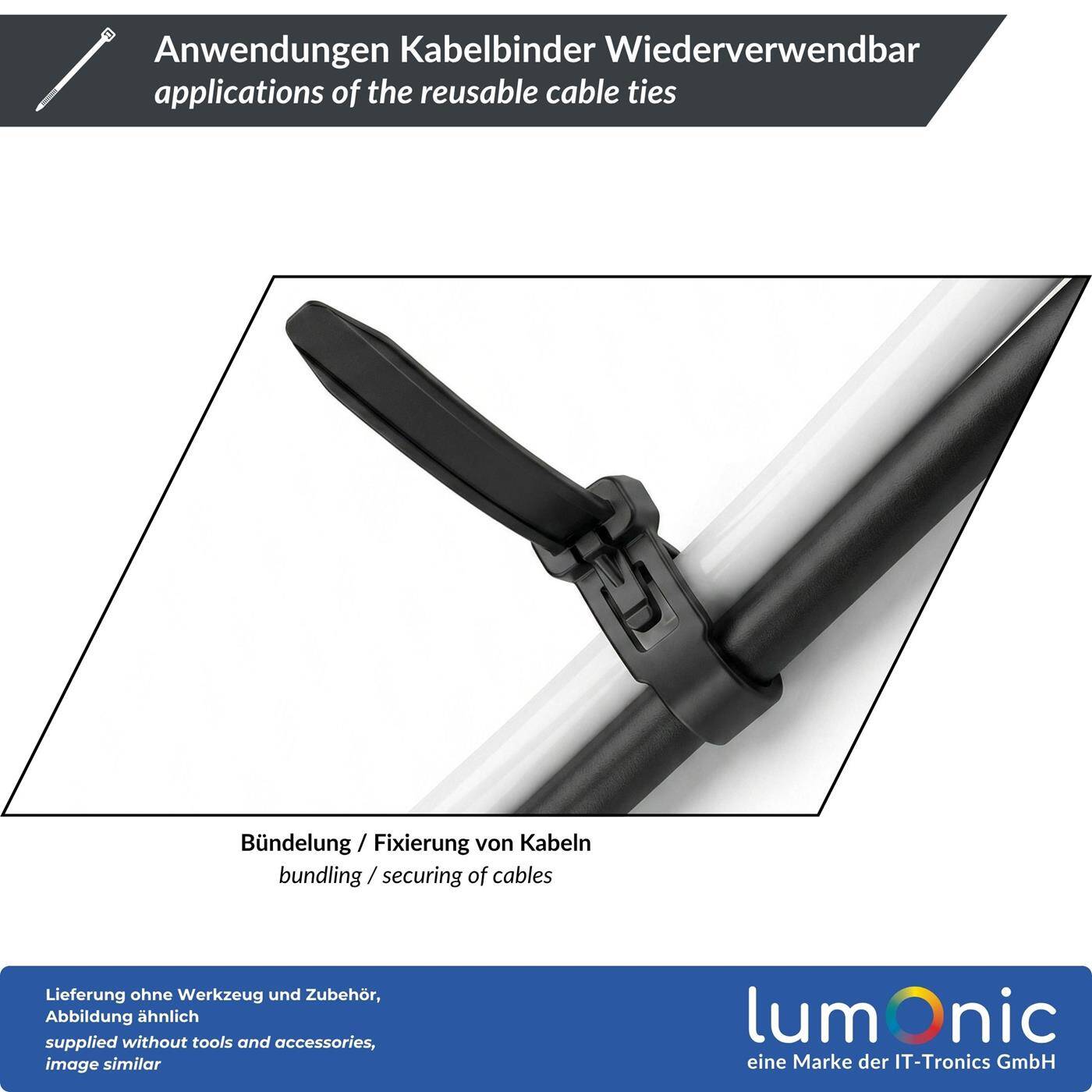 Lumonic 100 Stück Kabelbinder wiederverwendbar | Blau | 250x7,6mm | bis 22kg Zugfestigkeit | Nylon PA6.6 | ohne Werkzeug wieder lösbar | Kabelmanagement, Industrie, Werkstatt, Haushalt