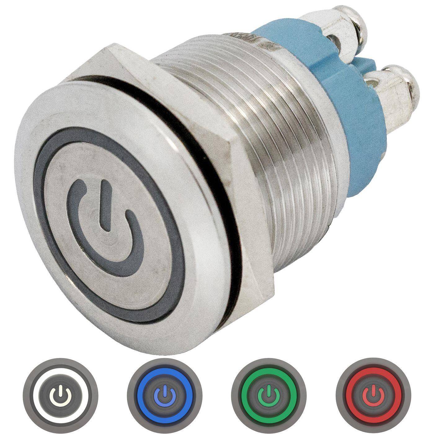 Stainless steel Push button Flat Ø19mm Power LED Cold White IP65 Screw Connection 250V 3A Vandal-proof