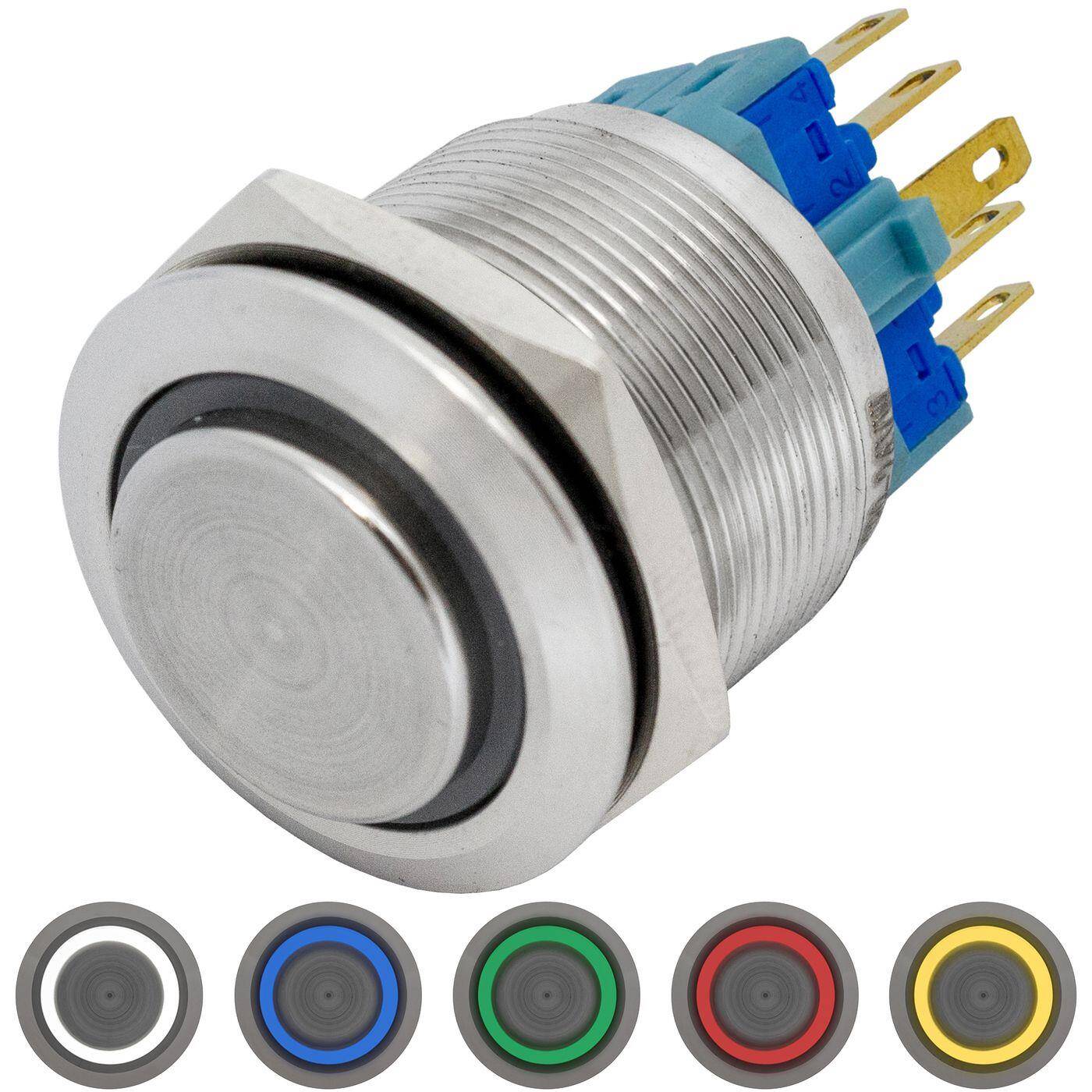 Edelstahl Druckschalter erhaben Ø22mm Ring LED Kalt Weiß IP65 2,8x0,5mm Pins 250V 3A Vandalismussicher