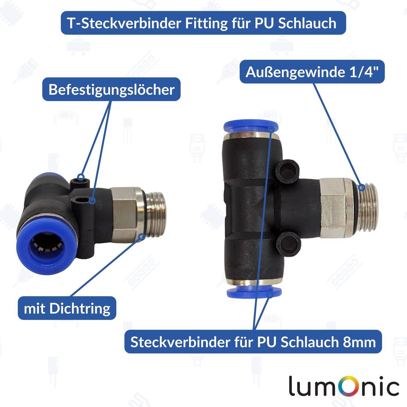 PU hose T-connector fitting with external thread 8mm*1/4inch T-piece Push-in Pneumatic plug connector T-distributor Compressed air