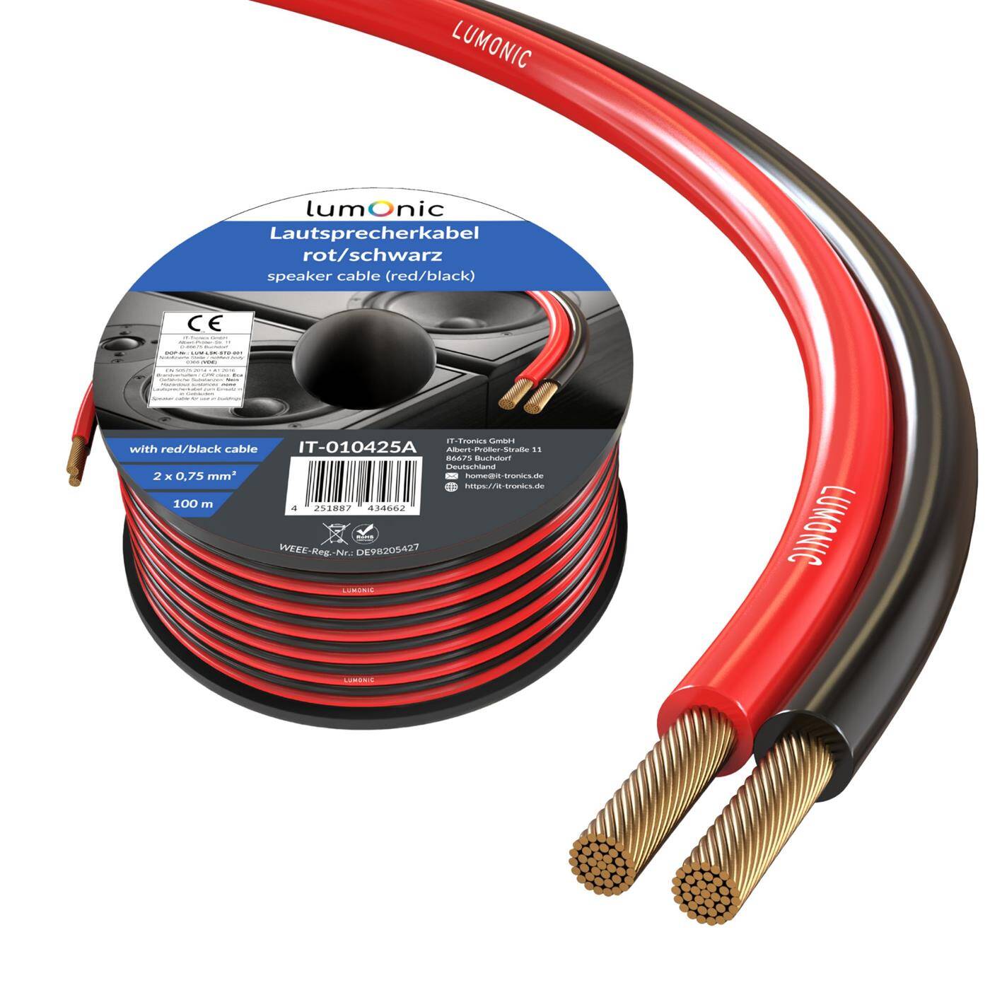 100m Speaker cables 2x 0,75mm² Red Black CCA HiFi speaker cable Audio twin line