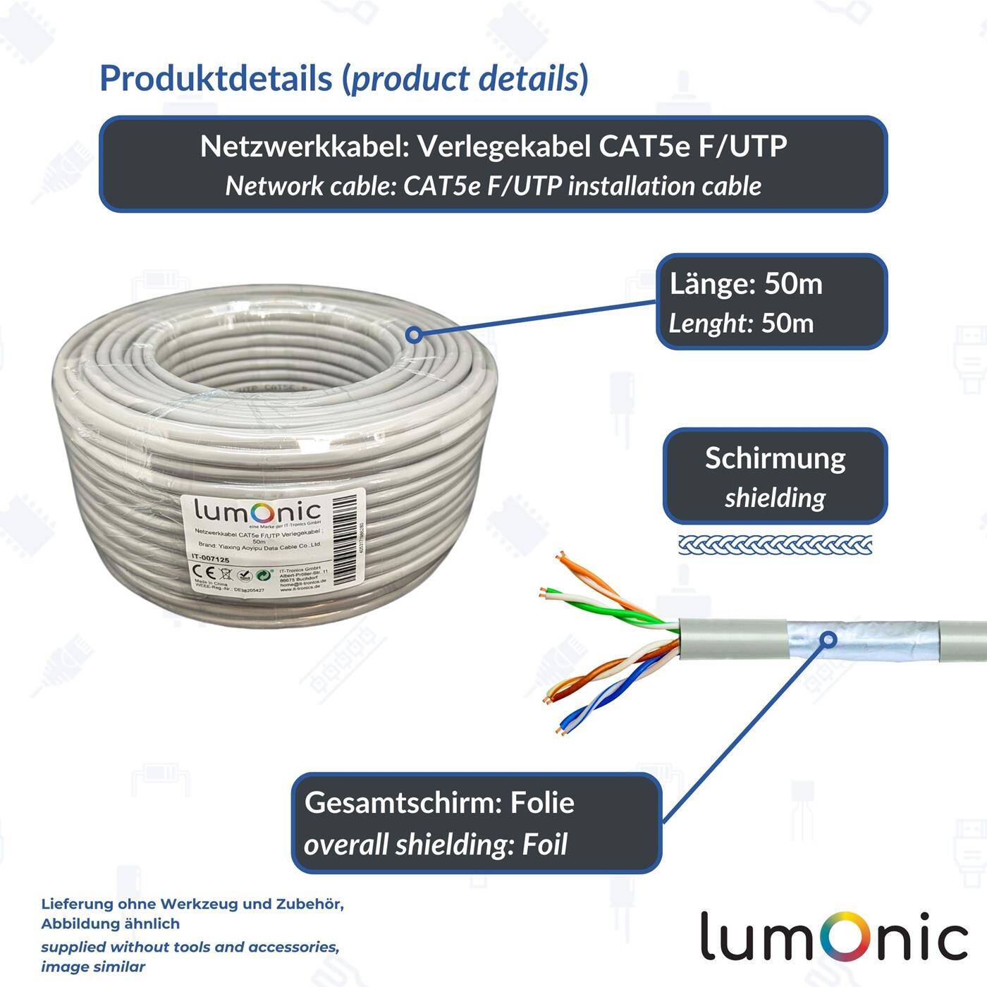 50m Netzwerkkabel Verlegekabel CAT5e F/UTP Ethernet Kabel LAN Kabel CAT.5e
