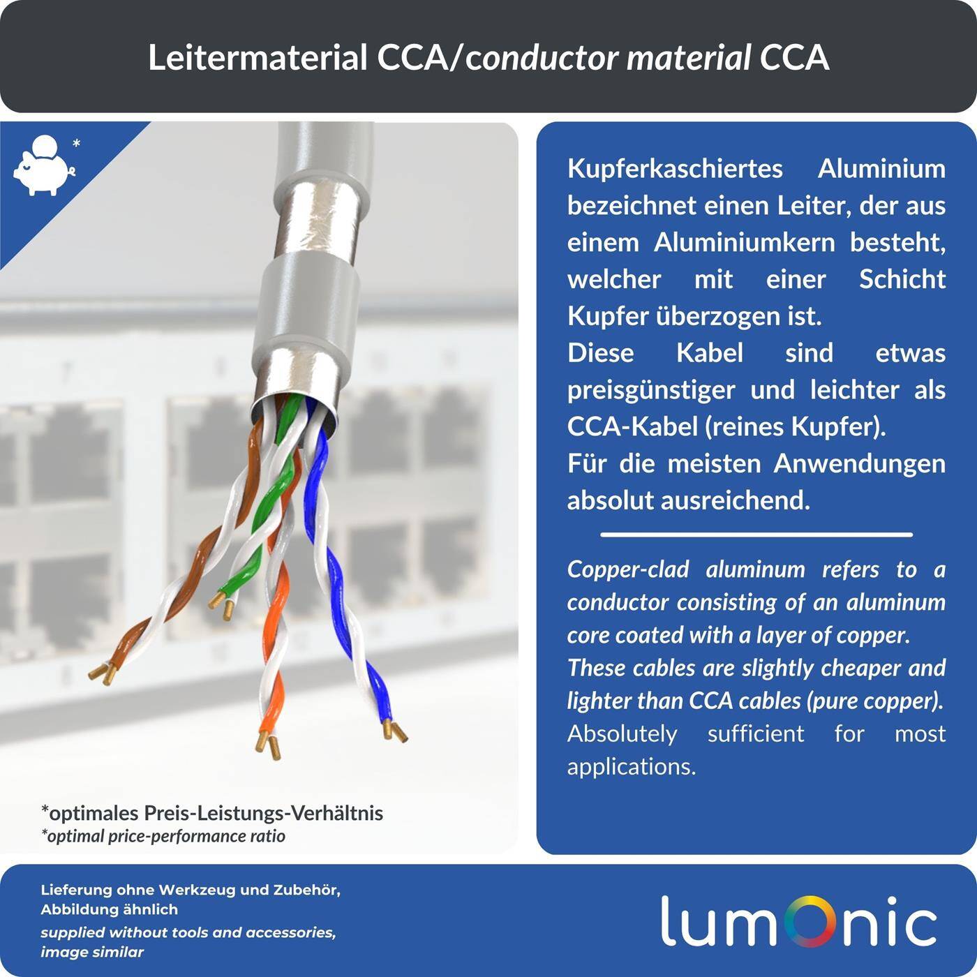 Lumonic LAN Network cable 50m | LAN Cable CAT6 F/UTP | Installation Cable 4x 2x AWG26/1 (solid) | 250MHz 10 Gbit/s Ethernet