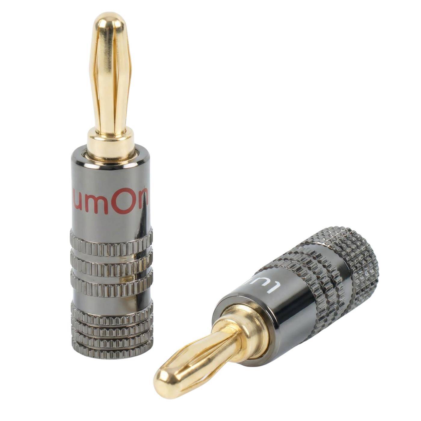 Set of 2 HiFi banana plugs gray, straight, screwable, gold-plated 4mm contacts, for 0.75mm²...4.0mm², Metal housing, for amplifier, loudspeaker, surround system