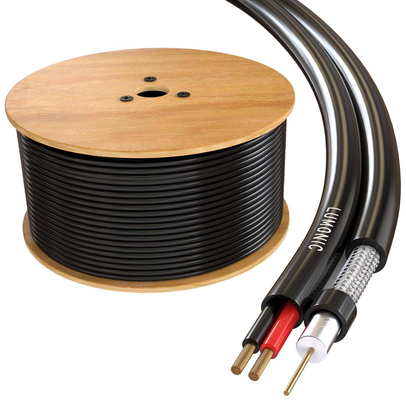 200m RG59 Coaxial cable on wooden spool CCTV surveillance cable with power 75 Ohm 90dB Video + Electricity