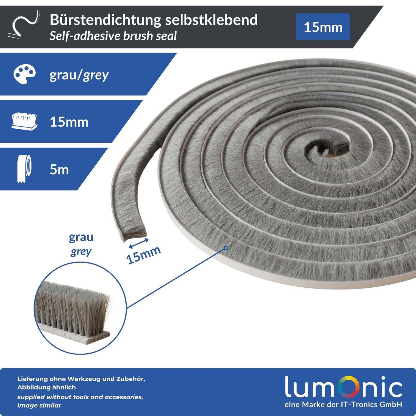 Lumonic 5m Bürstendichtung grau 15mm | Selbstklebend + Zuschneidbar | Zugluftstopper, Kälteschutz, Insektenschutz für Fenster, Türen, Schrank