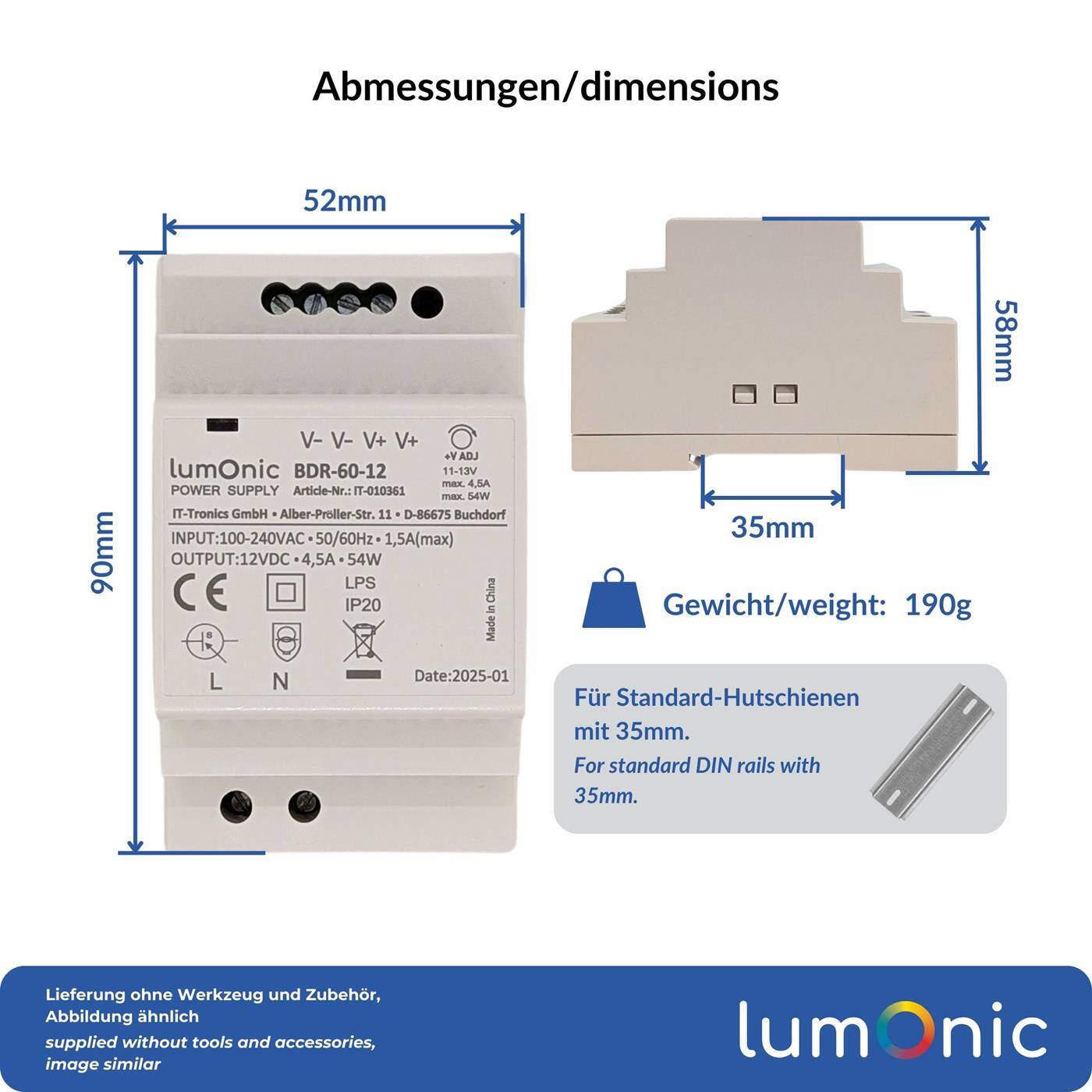Lumonic I Netzteil Hutschiene BDR-60-12 I 12V / 54W I Input 100-240VAC I Überlastschutz & kurzschlussfest I DIN-Rail Schaltnetzteil I Schaltschrank & Verteilerkasten