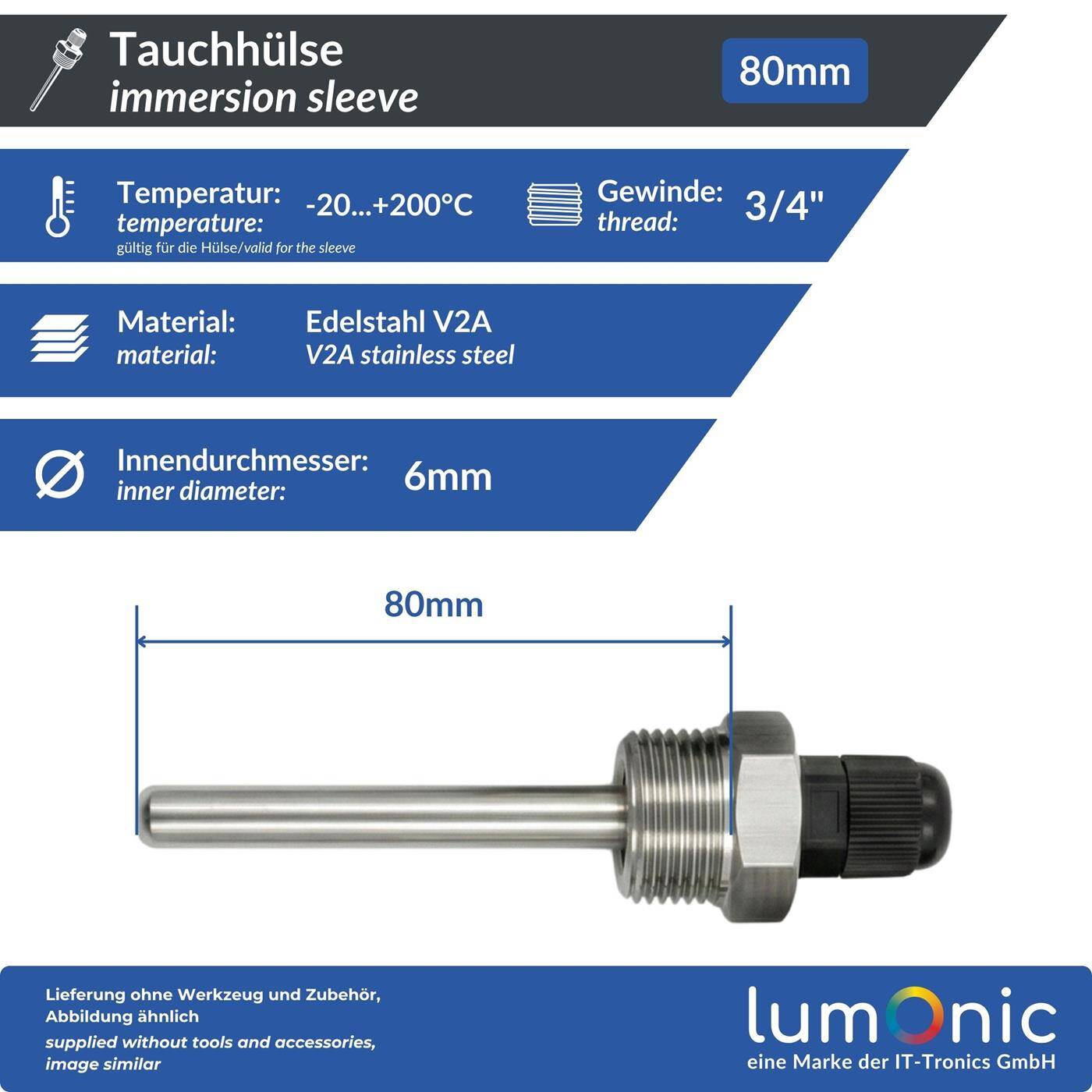 Lumonic Set of 2 immersion sleeves V2A stainless steel 3/4 inch | 80mm Installation length | Perfect fit for 6mm temperature sensors | for buffer storage, heating, solar + smart home