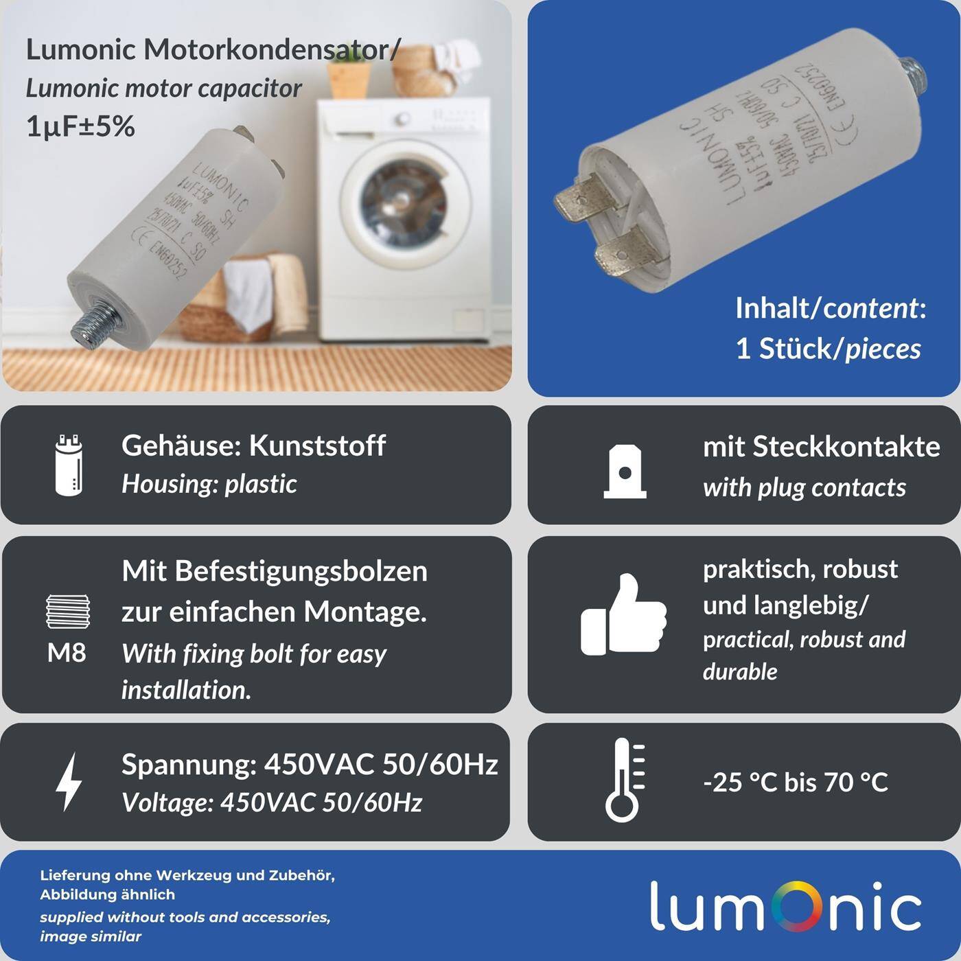 Lumonic Anlaufkondensator 1µF 450V | mit Stecker I 26x55mm I 1uF I Motorkondensator mit Kunststoffgehäuse I Betriebskondensator I für Pumpen, Rasenmäher, Werkzeuge