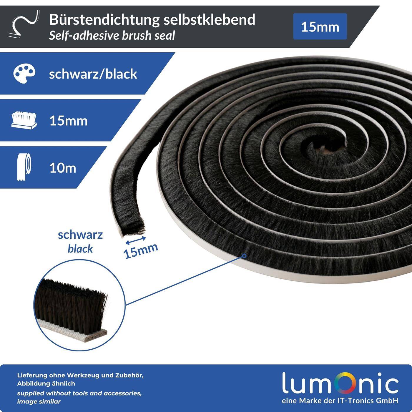 Lumonic 10m Bürstendichtung schwarz 15mm | Selbstklebend + Zuschneidbar | Zugluftstopper, Kälteschutz, Insektenschutz für Fenster, Türen, Schrank
