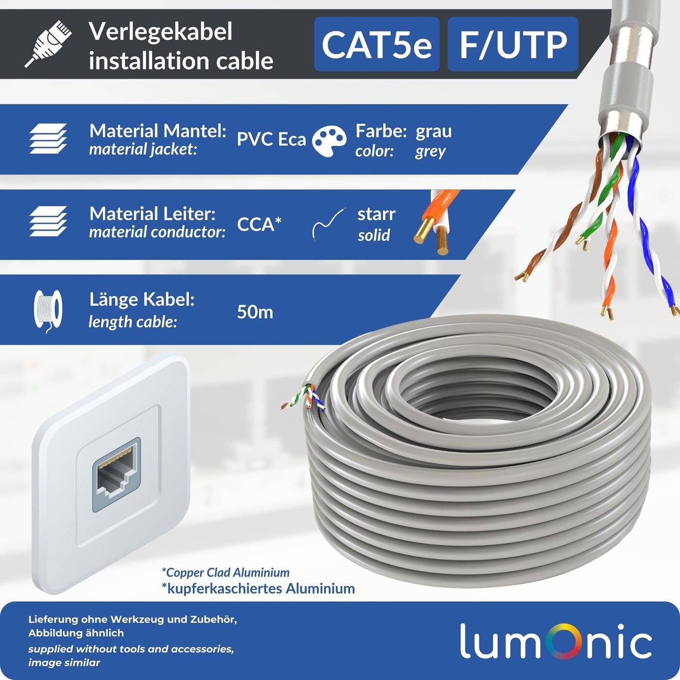 Lumonic LAN Netzwerkkabel 50m | LAN Kabel CAT5e F/UTP | Verlegekabel 4x 2x AWG26/1 (starr) | 100MHz Gigabit Ethernet