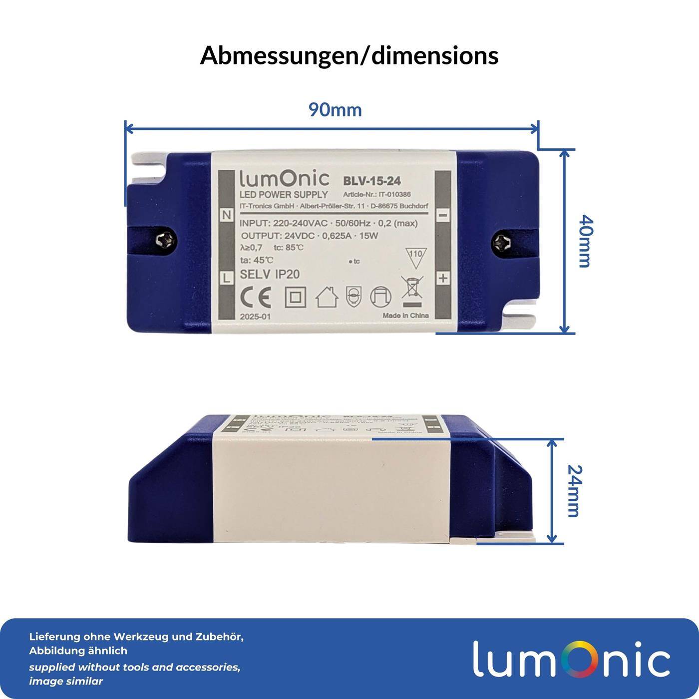 Lumonic I LED transformer BLV-15-24 I 24V 15W I Input 220-230VAC I flicker-free I Overload protection I LED power supply unit I for LED lighting