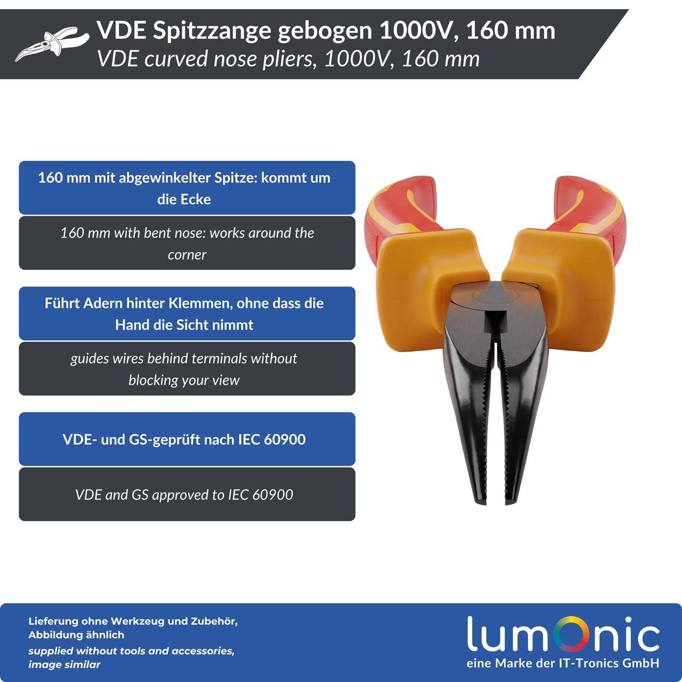 Lumonic VDE Curved Nose Pliers, 1000 V, 160 mm — Angled tips for tight spaces, 60CrV steel, two-component handle, for distribution panels and control cabinets