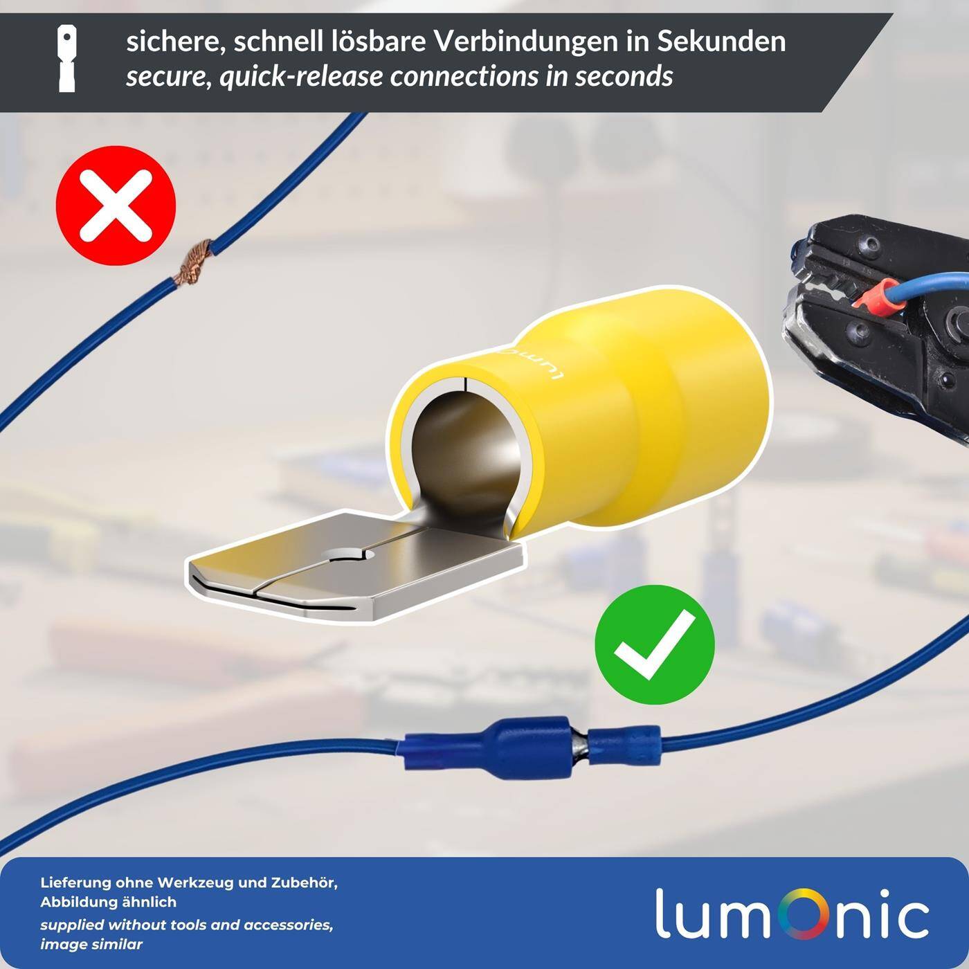 Lumonic 25x Flat plug 0,5-1,5mm²  | for blade receptacle 0,8 x 6,4mm | Partially insulated | Cable connector without soldering | Tin-plated brass | Automotive, mechanical engineering