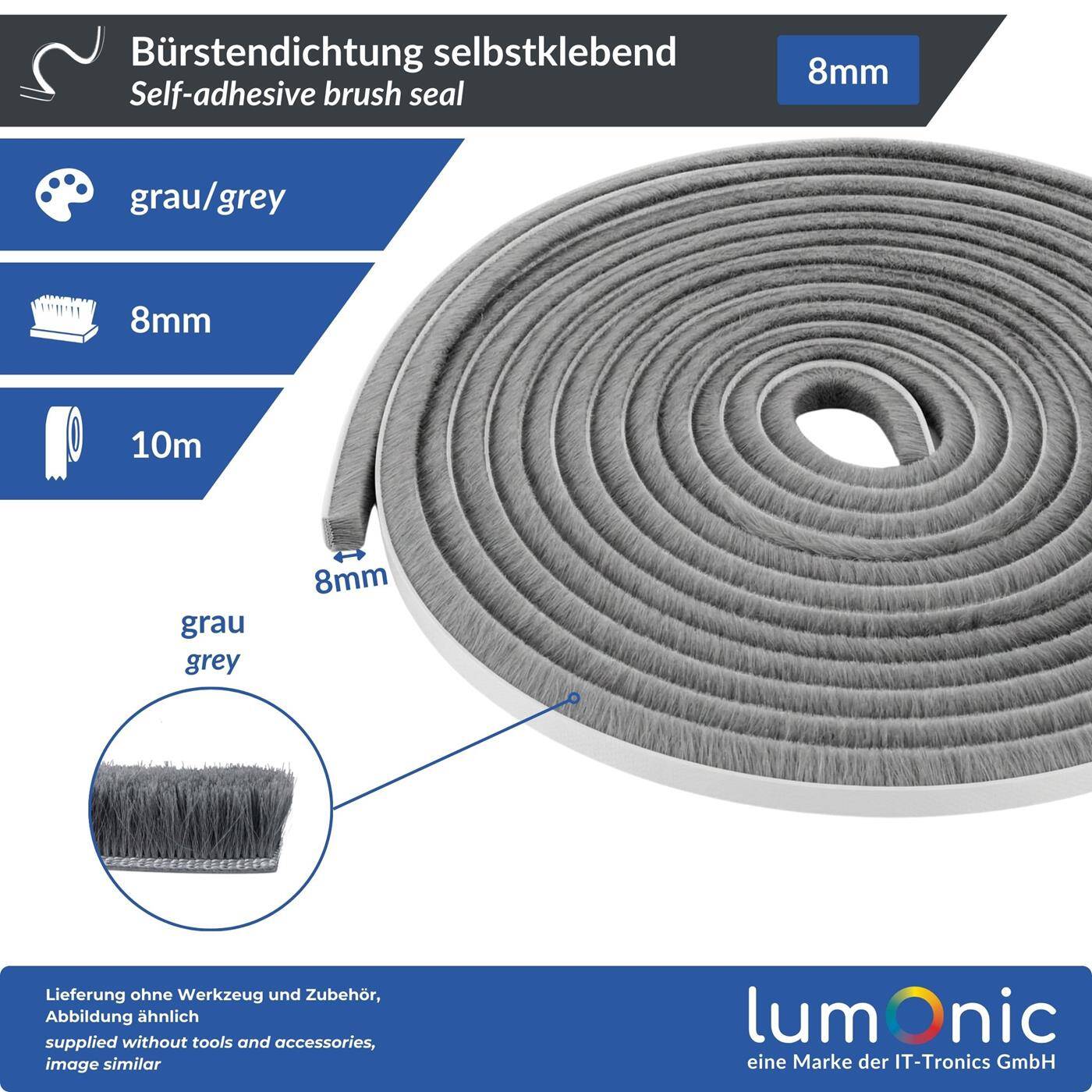 10m Brush seal gray 8mm Self-adhesive + Can be cut to size Draught excluder Cold protection Insect screen for windows Doors Cupboard