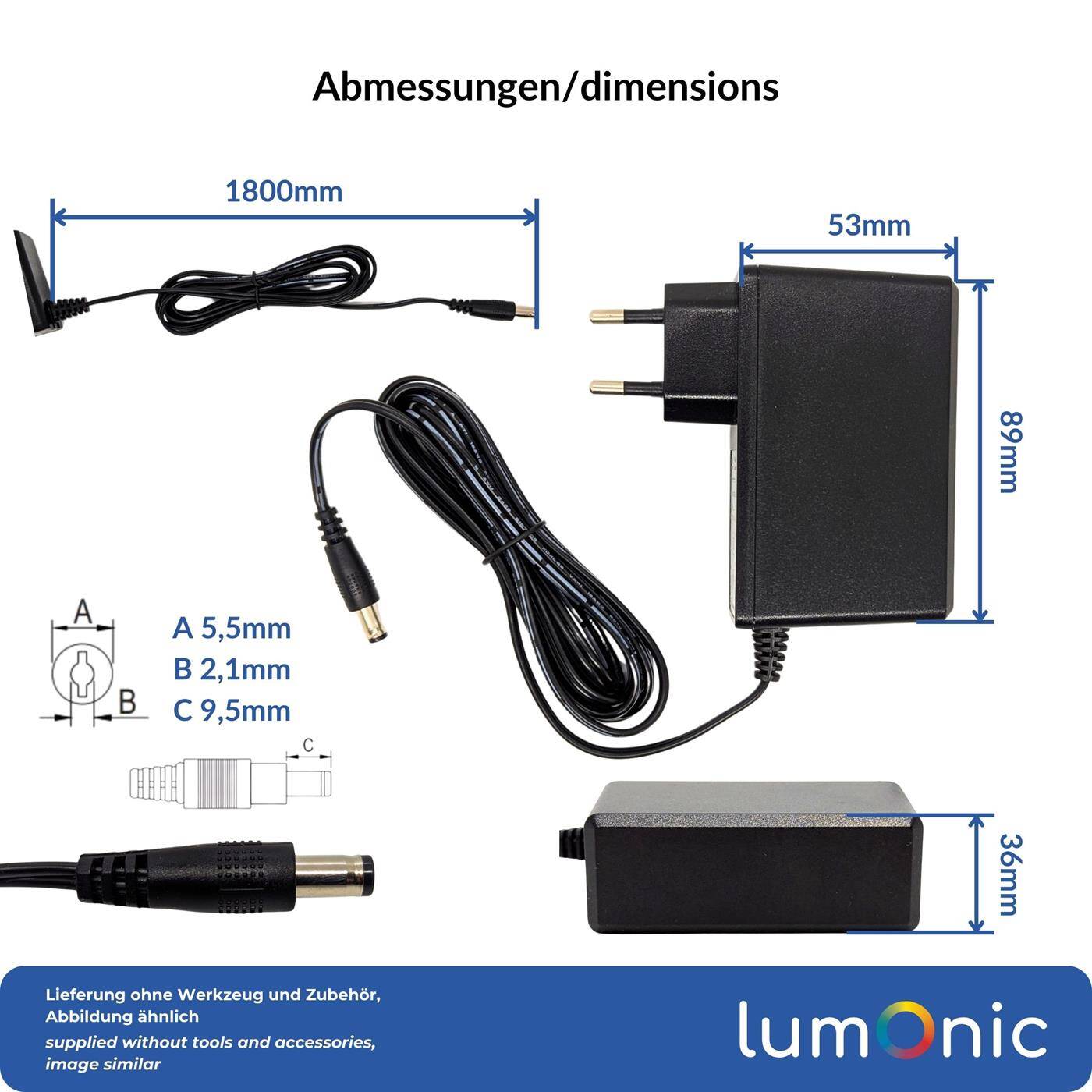 Lumonic I LED Steckernetzteil PIP-60-12 I 12V 60W I Input 100-240VAC I extra langes Kabel mit Hohlstecker 5,5/2,1 I Überlastschutz & effizient I universeller EU-Netzadapter I für LED-Streifen