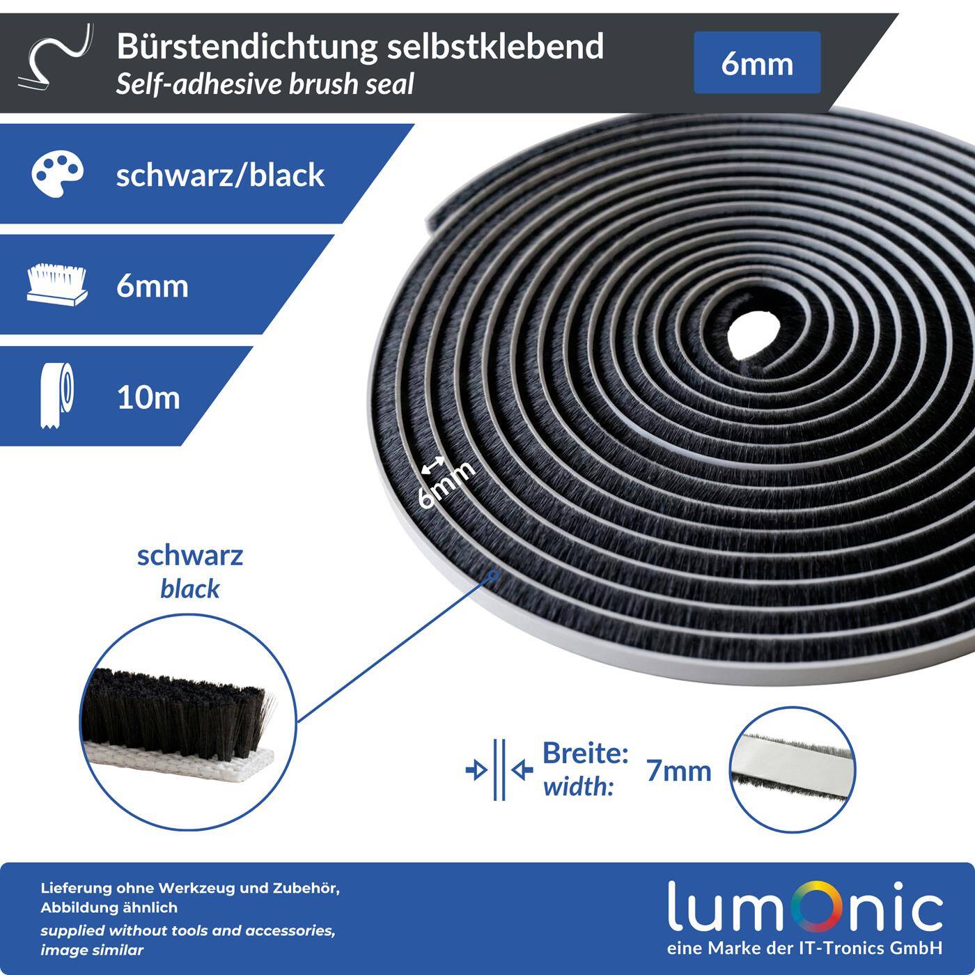 Lumonic 10m Brush seal black 6mm | Self-adhesive + Can be cut to size | Draught excluder, cold protection, insect screen for windows, doors, cupboards