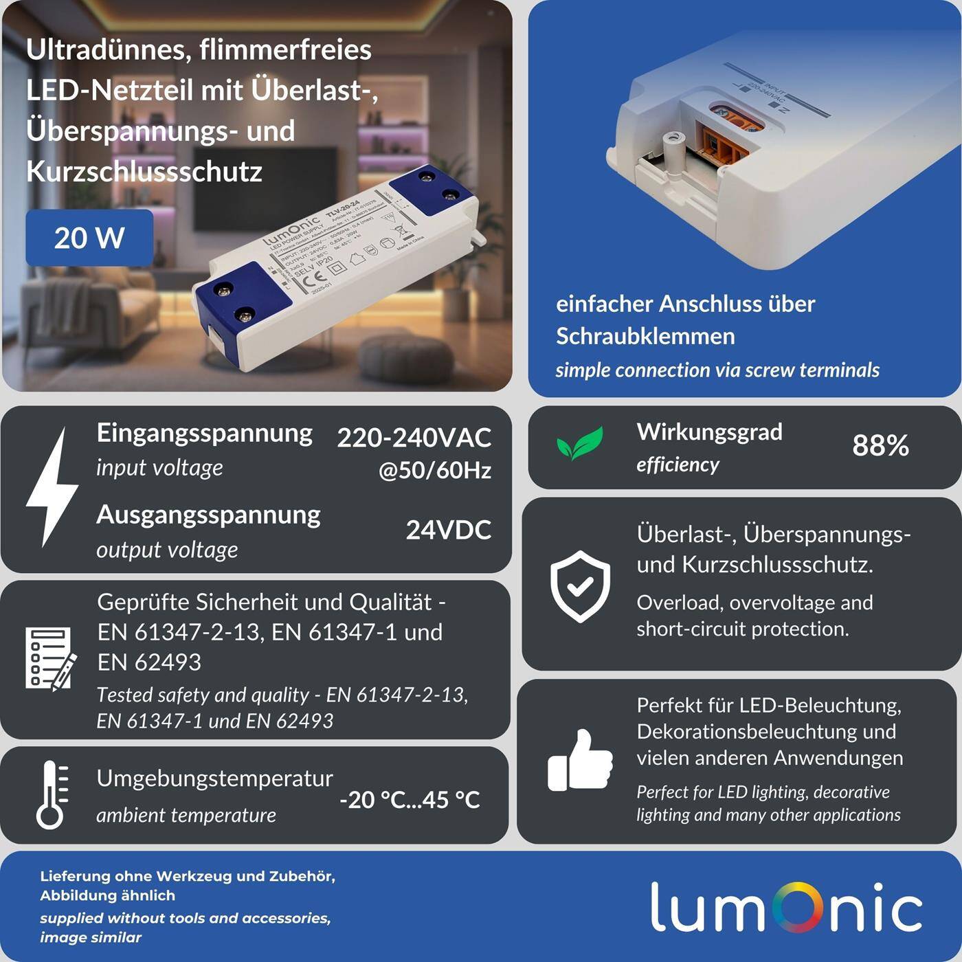 Lumonic I LED transformer TLV-20-24 I 24V 20W I Input 220-240VAC I flicker-free I Overload protection I LED power supply unit I for LED lighting