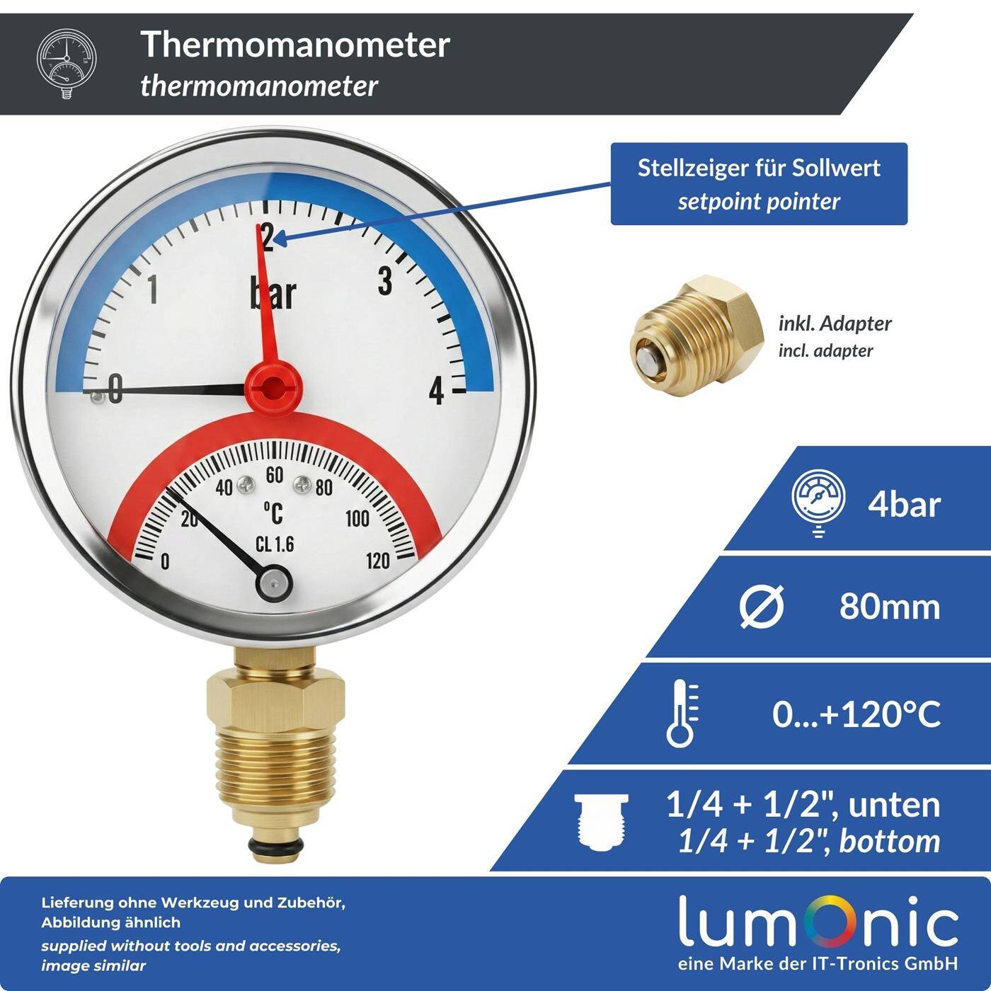 Lumonic Thermomanometer 4bar 0-120°C | 1/4 + 1/2 inch (adapter) | Bottom connection | Ø 80mm, large scale | Heating pressure gauge | Metal housing