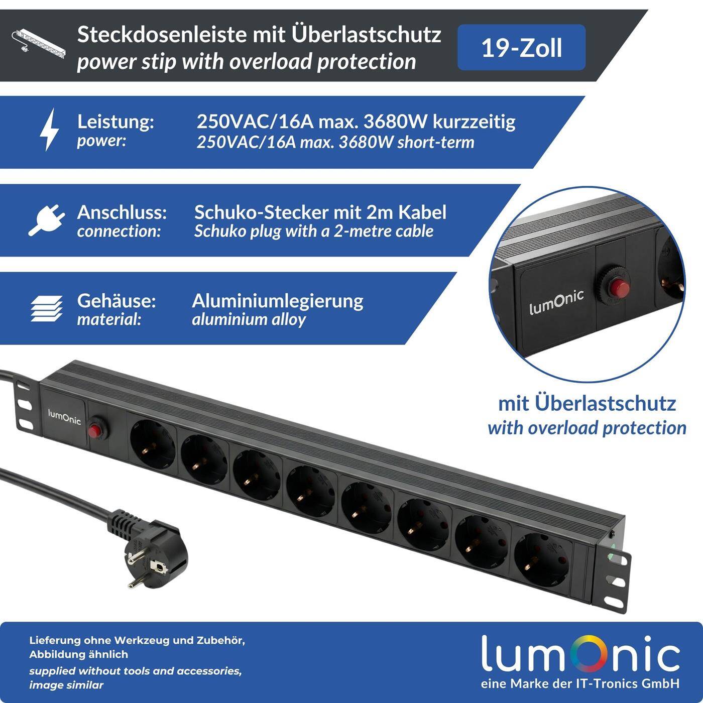 Lumonic 19" Steckdosenleiste | PDU 8-fach | Überlastschutz mit Reset-Knopf | 1HE, Aluminiumlegierung, schwarz | 2m Anschlusskabel 3G1,5 | 45° Schuko-Steckdosen | kurzzeitig max. 3680W | Rack, Serverschrank