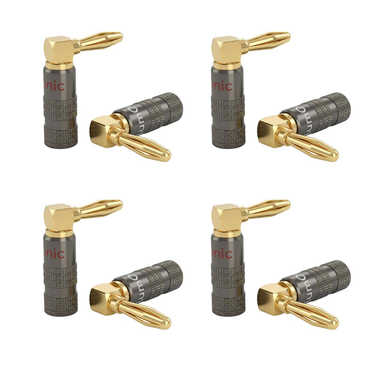 8er Set HiFi Bananenstecker grau, gewinkelt, schraubbar, vergoldete 4mm Kontakte, für 0,75mm²…4,0mm², Metallgehäuse, für Verstärker, Lautsprecher, Surround-System