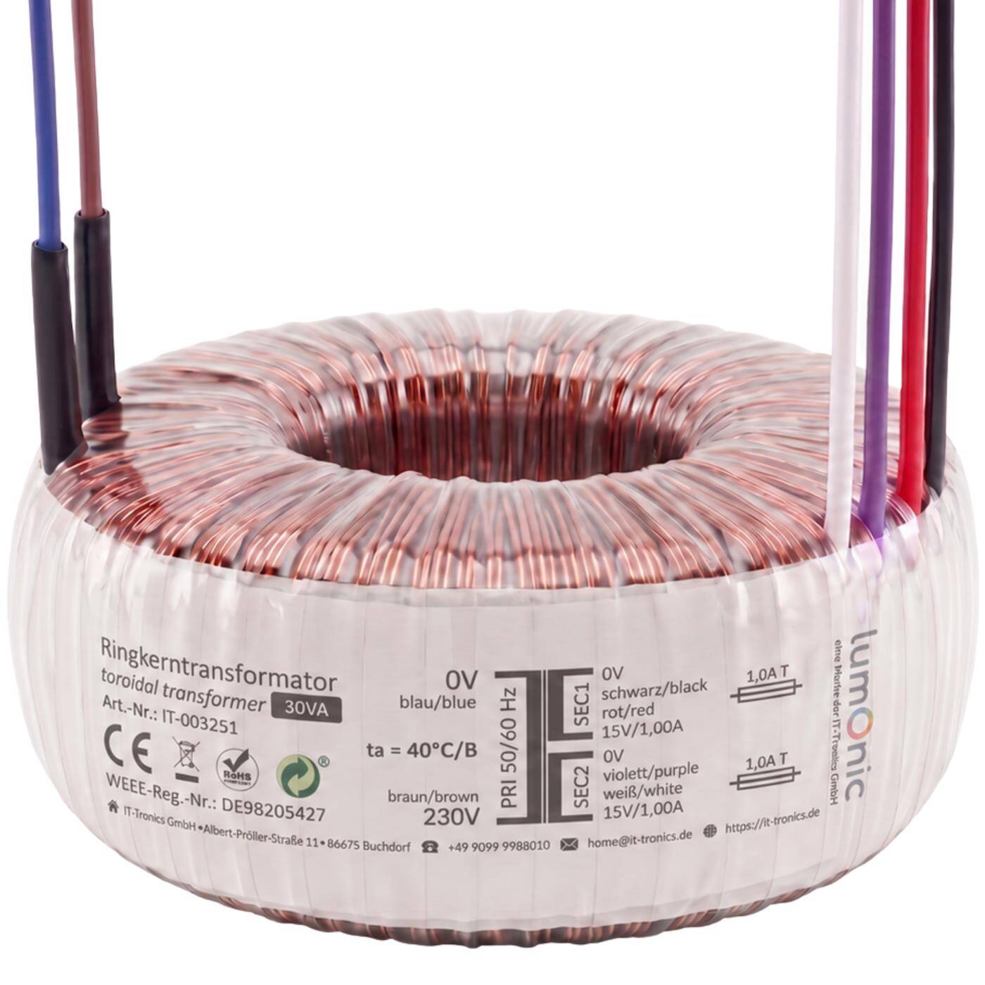 Lumonic Ringkerntrafo Transformator 30VA 2x15V für Audio, Industrie, Halogen und Schienensysteme - 230V Eingangsspannung - 30V Sekundärspannung - Modell RSO-826009