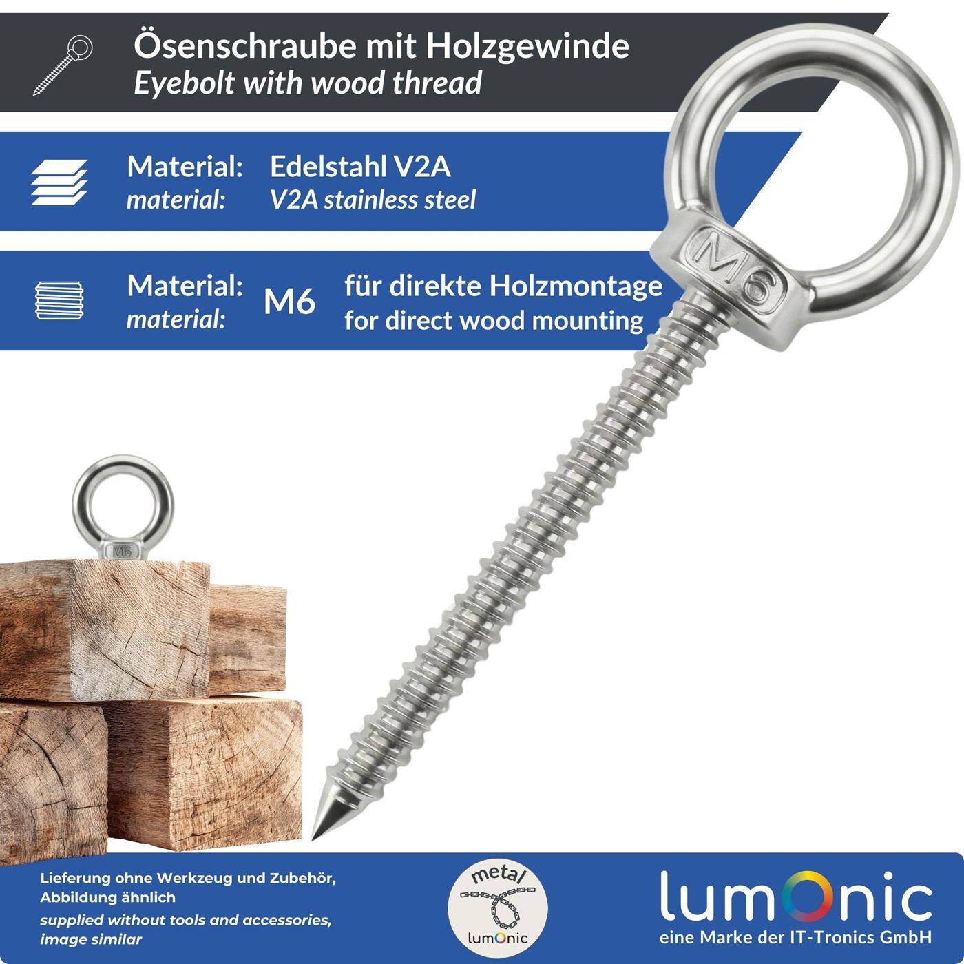 Lumonic Eye bolt V2A stainless steel with wood thread | M6x60mm |  | Attachment to beams/wooden posts | Eyebolt for awning, hammock, swing + chains