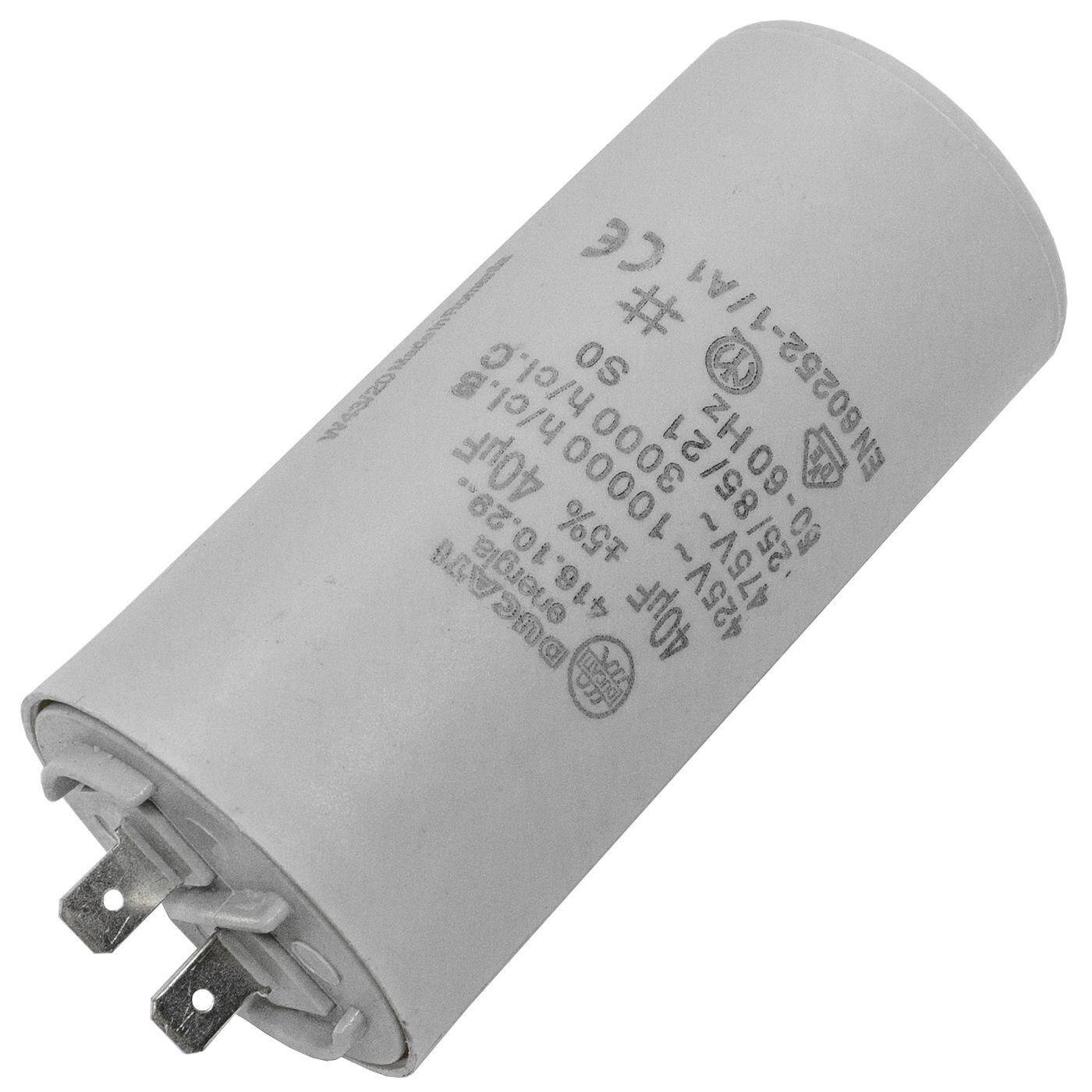 Lumonic Anlaufkondensator 416.10.29 A inkl. Stecker 6,3x0,8mm | Motorkondensator 40µF 425V 45x92mm I Kondensator im isolierten Kunststoffgehäuse