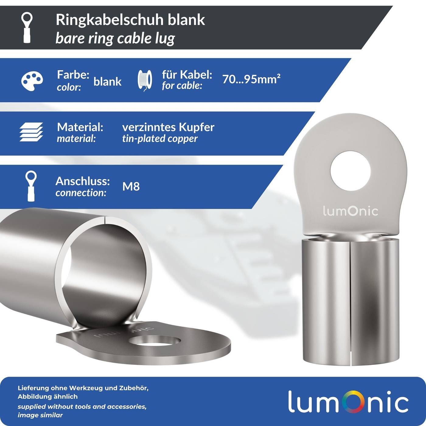 Lumonic 10x Ringkabelschuh 70-95mm² blank | M8 | Kupfer verzinnt | sichere Kabelverbindung ohne Löten | Crimp-Kabelschuh unisoliert | KFZ, Maschinenbau, Wohnmobil, Batterie
