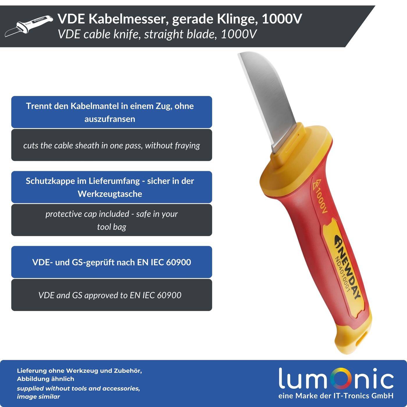 Lumonic VDE Cable Cutter 1000V, Straight Blade - 5Cr13 blade steel, protective cap included, non-slip two-component handle, for electricians