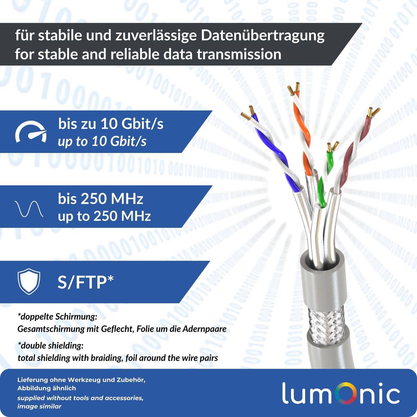 Lumonic LAN Netzwerkkabel 100m | LAN Kabel CAT6 S/FTP | Patchkabel  4x 2x AWG26/7 (verseilt) | 250MHz 10 Gbit/s Ethernet
