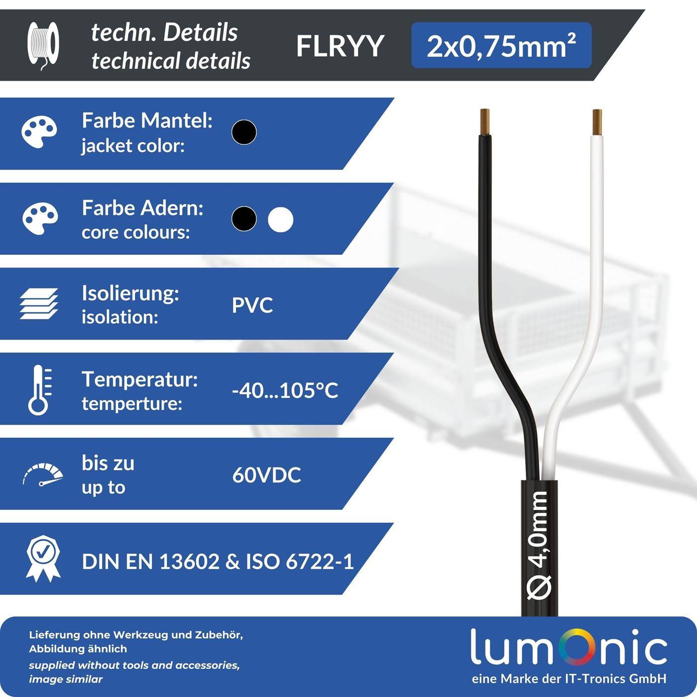 Lumonic 1m FLRYY Fahrzeugleitung 2x0,75mm² schwarz | 2-adrig | Anhängerkabel | mehradriges KFZ-Kabel | Öl- und Kraftstoffbeständig, flammwidrig | Niedervolt