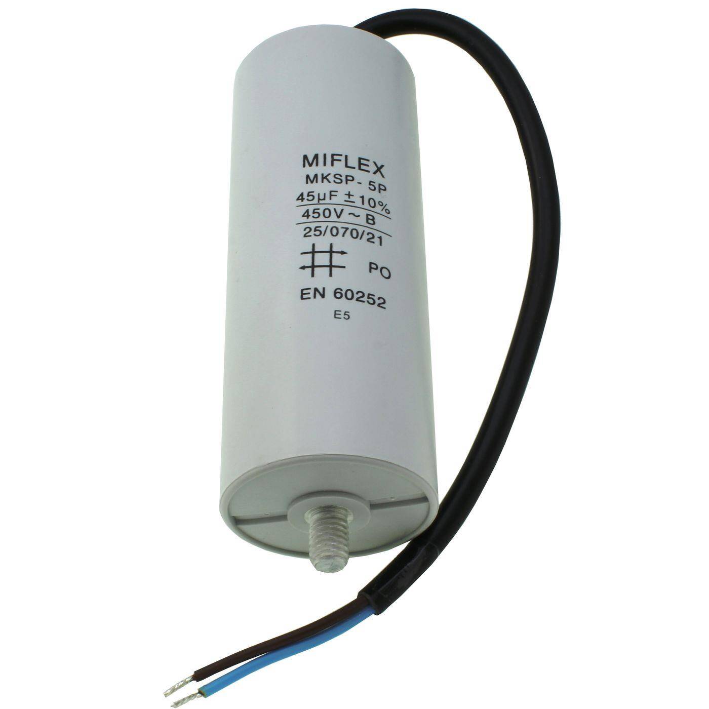 Anlaufkondensator Motorkondensator 45µF 450V 45x114mm Kabel 25cm Miflex 45uF