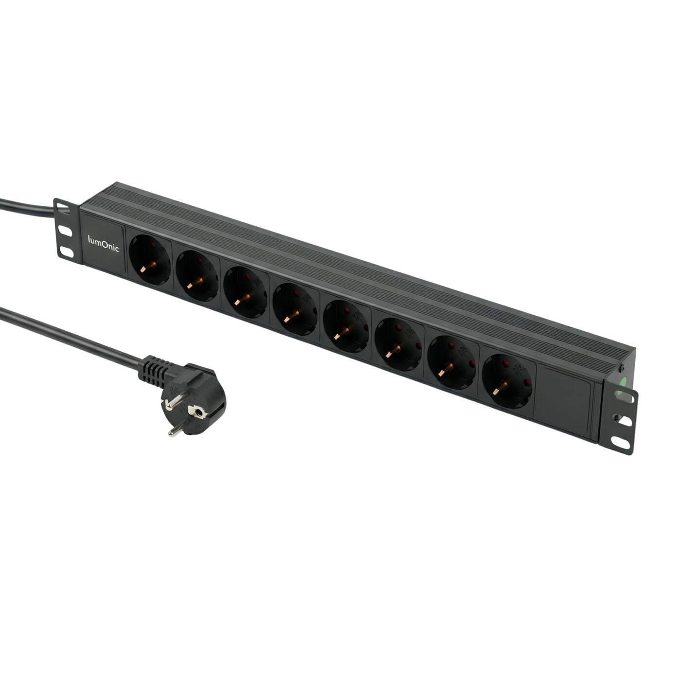 Lumonic 19" socket strip | PDU 8-fold | without switch | 1U, aluminum alloy, black | 2m connection cable 3G1.5 | 45° Schuko socket outlet | short term max. 3680W | Rack, server cabinet