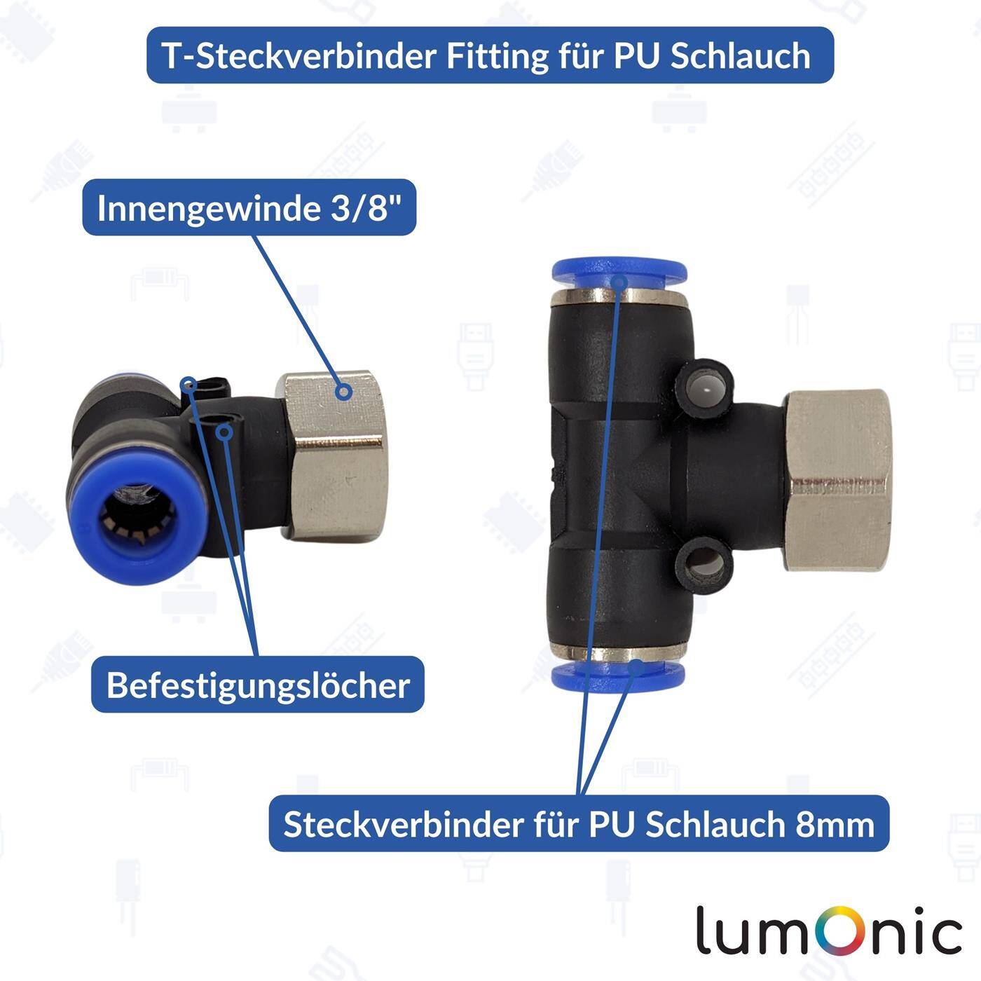 PU Schlauch T-Steckverbinder Fitting mit Innengewinde 8mm*3/8Zoll T-Stück Push-in pneumatischer Steckverbinder T-Verteiler Druckluft & Automatisierung