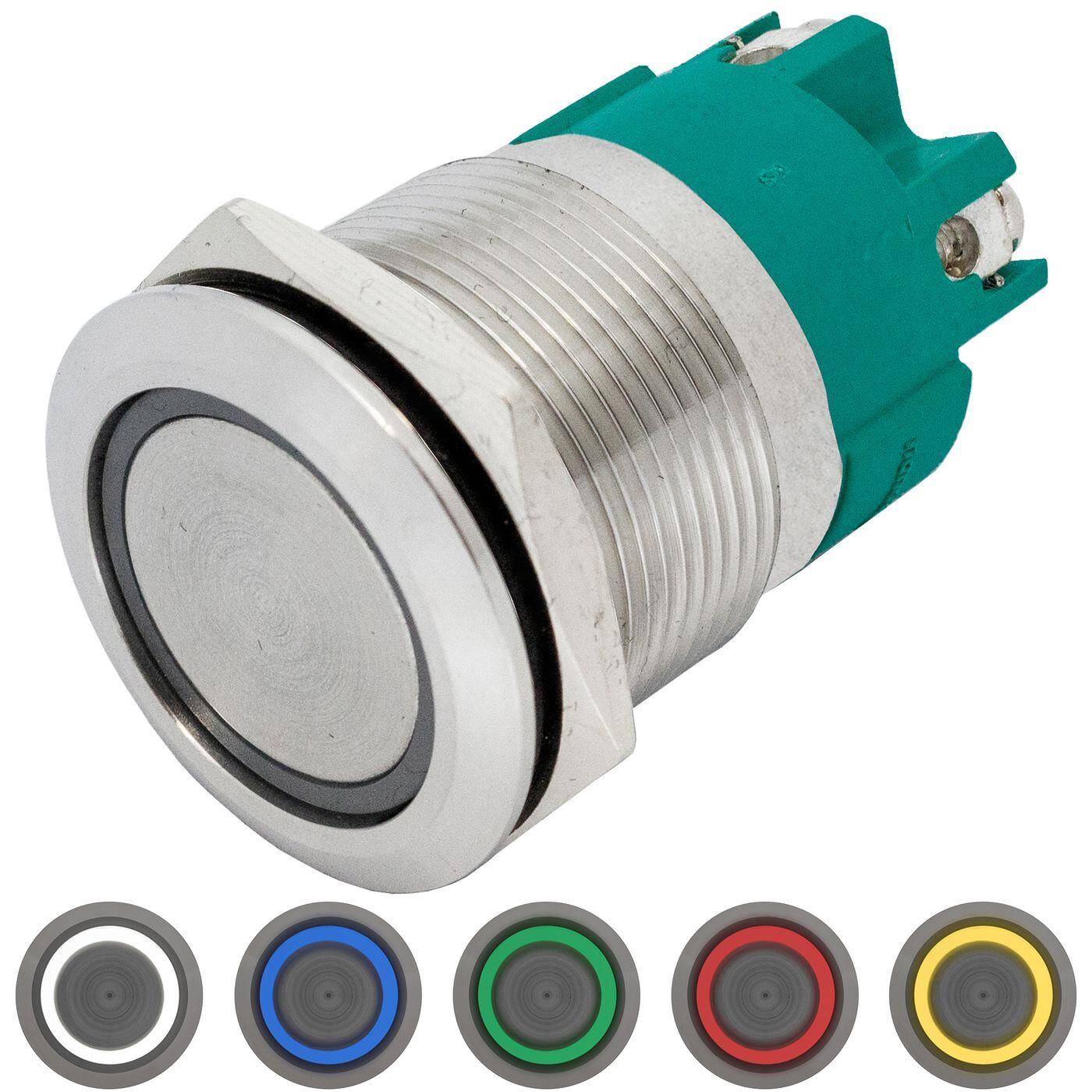 Stainless steel Pressure switch Flat Ø22mm Ring LED Cold White IP65 Screw Connection 250V 3A Vandal-proof