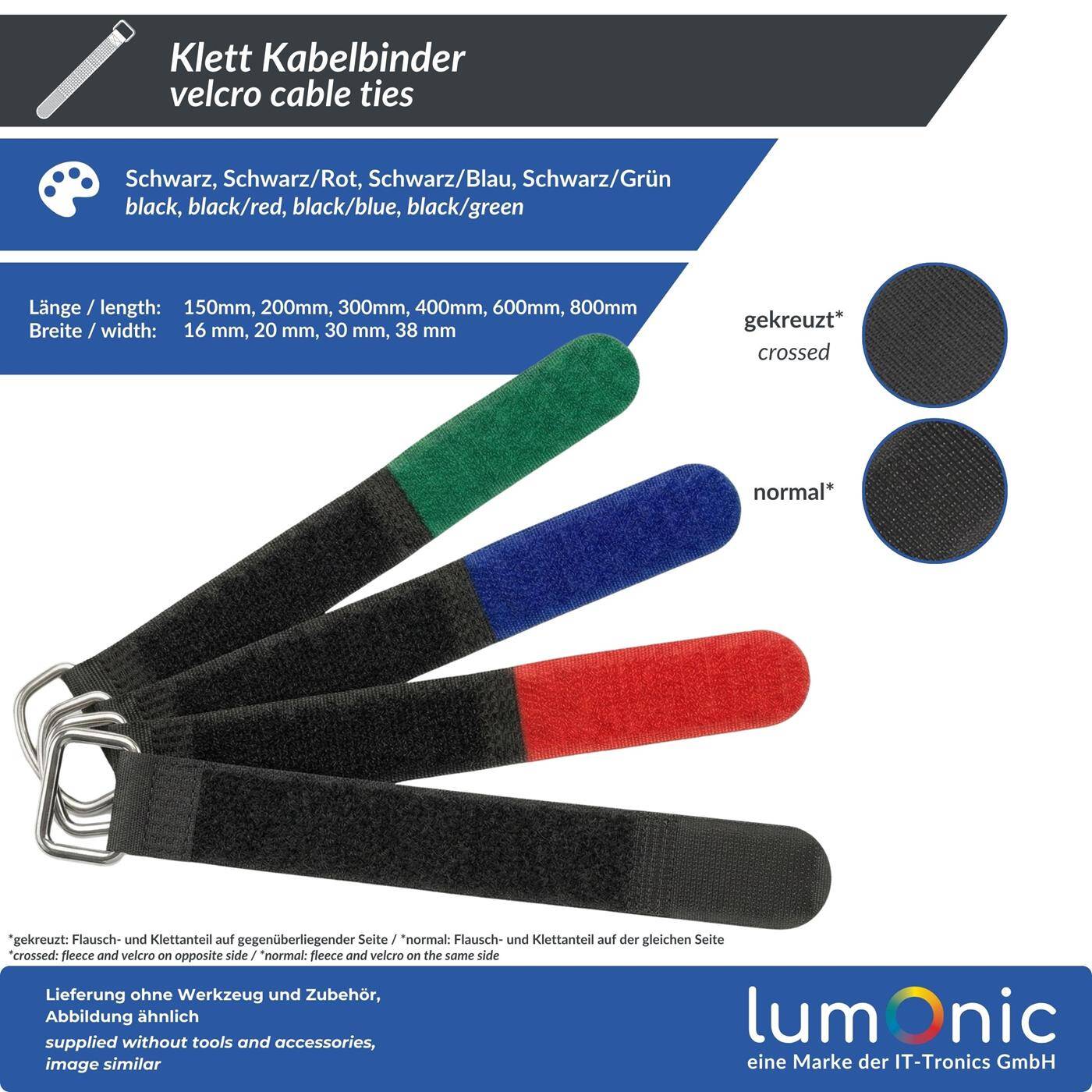 10x Klett Kabelbinder 600 x 38mm Schwarz Grün normal  Klettbinder