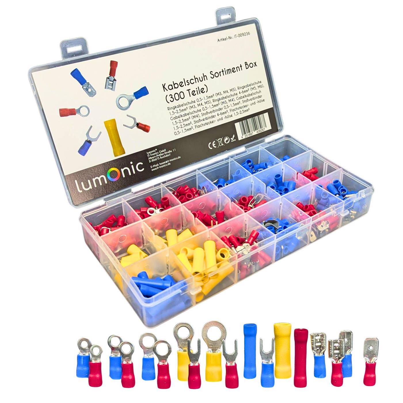 Lumonic 300-teiliges Kabelschuh Set mit Ringkabelschuh, Gabelkabelschuh, Stoßverbinder, Flachsteckhülse, Flachstecker 0,5-6,0mm² KFZ, Hobby & Industrie